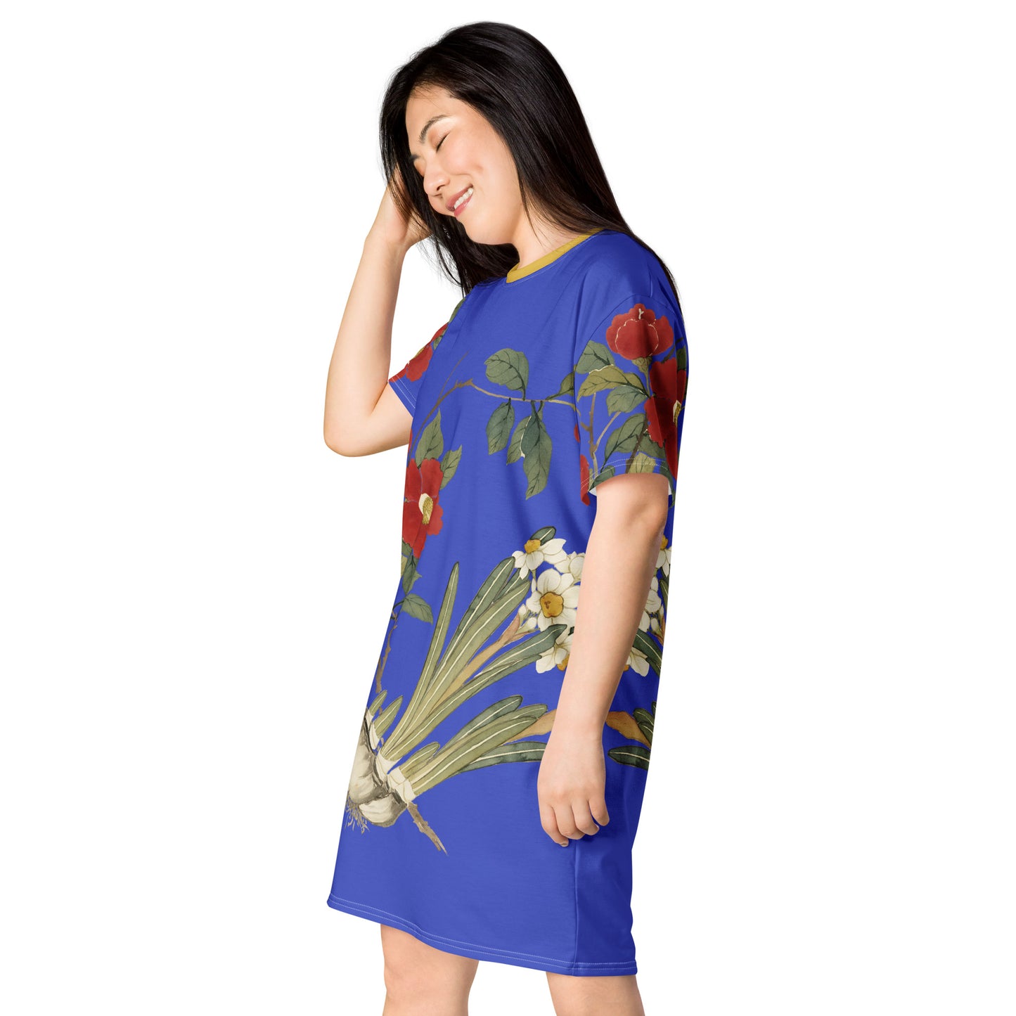 The Spirit of Flowers in Twelve Months|Narcissus and Camelia in Bloom|T-shirt dress|Royal blue