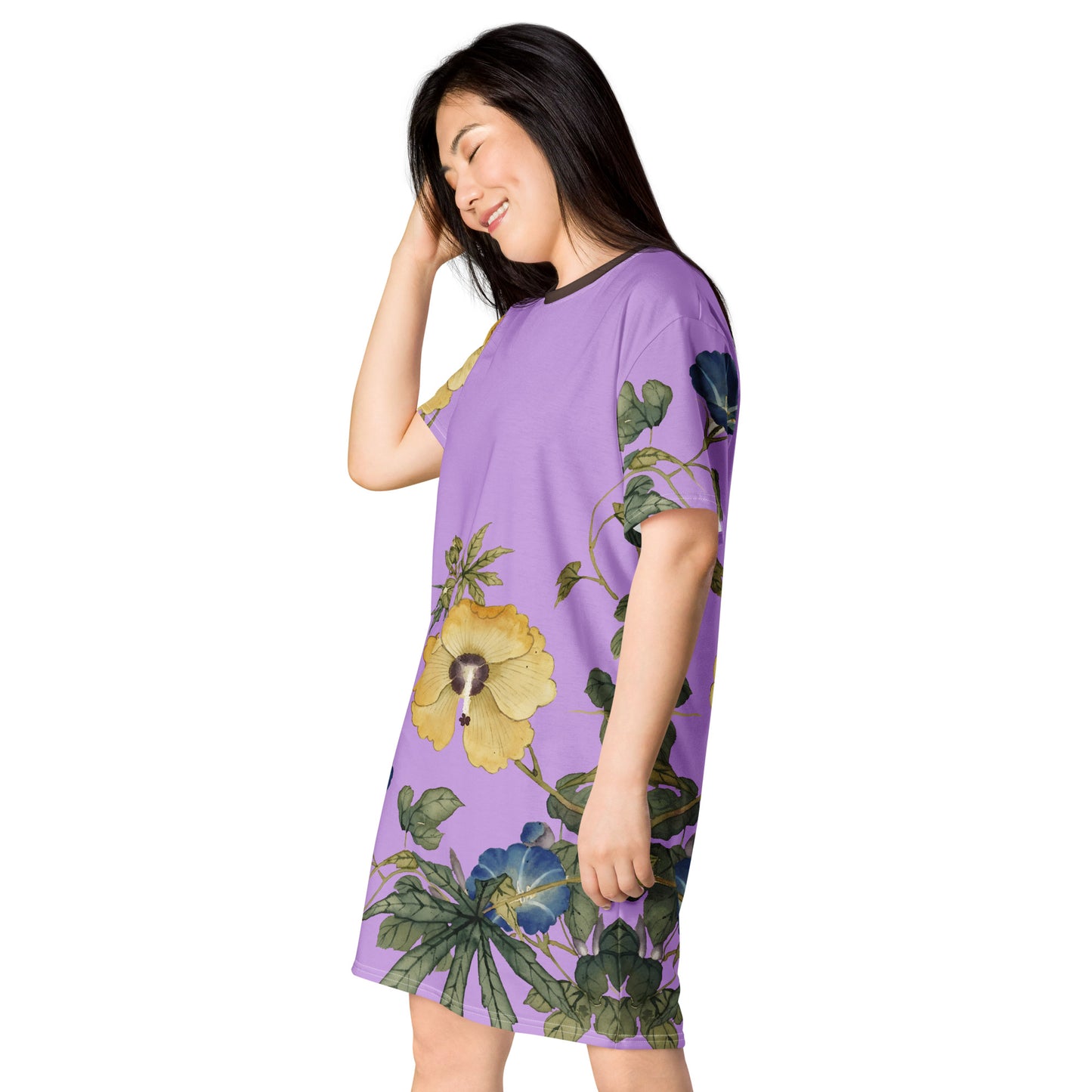 The Spirit of Flowers in Twelve Months|Okra and White-edged Morning Glory in Bloom|T-shirt dress|Lilac