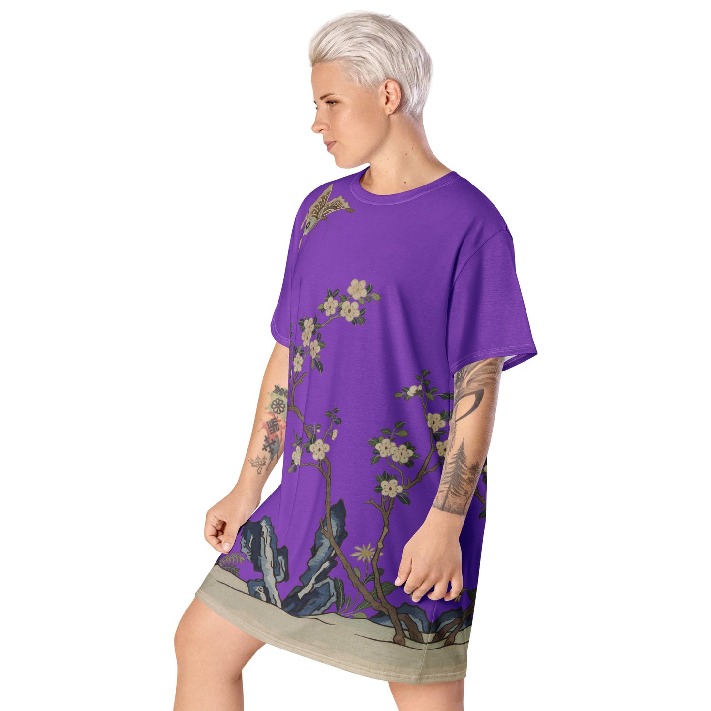 刻丝花卉|梅花蝶|T恤连衣裙|紫色