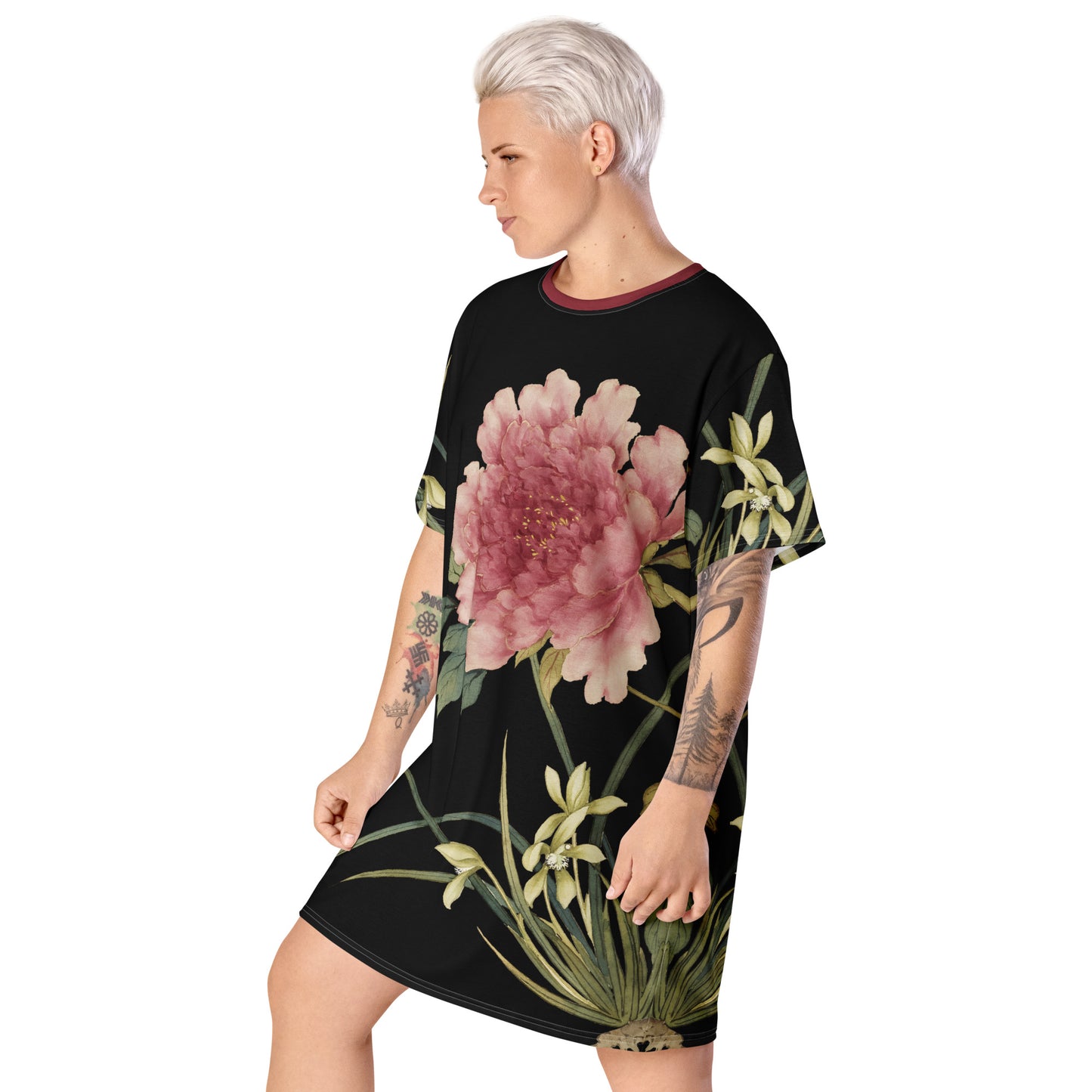 The Spirit of Flowers in Twelve Months|Orchid and Tree Peony in Bloom|T-shirt dress|Black