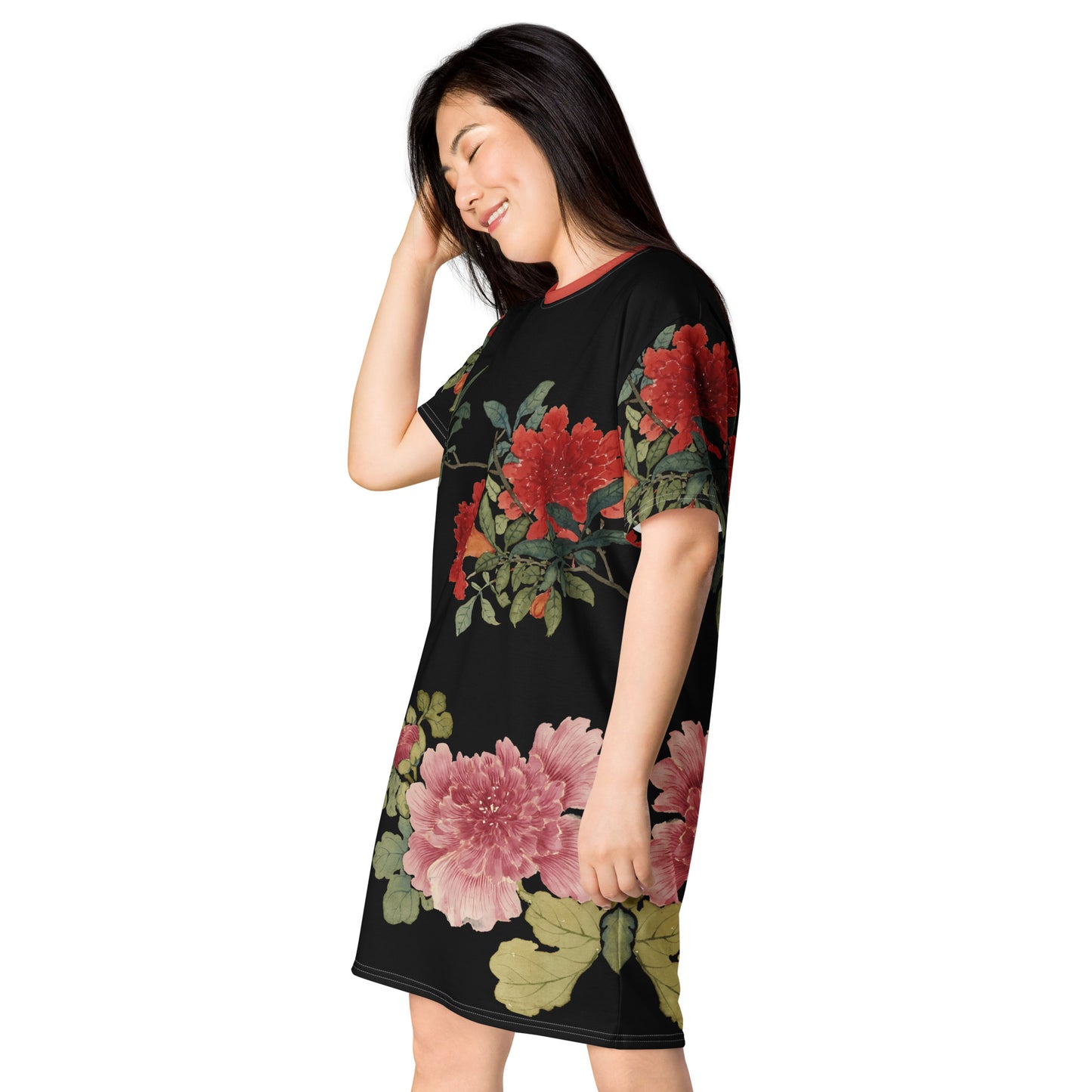 The Spirit of Flowers in Twelve Months|Hollyhock and Pomegranate in Bloom|T-shirt dress|Black