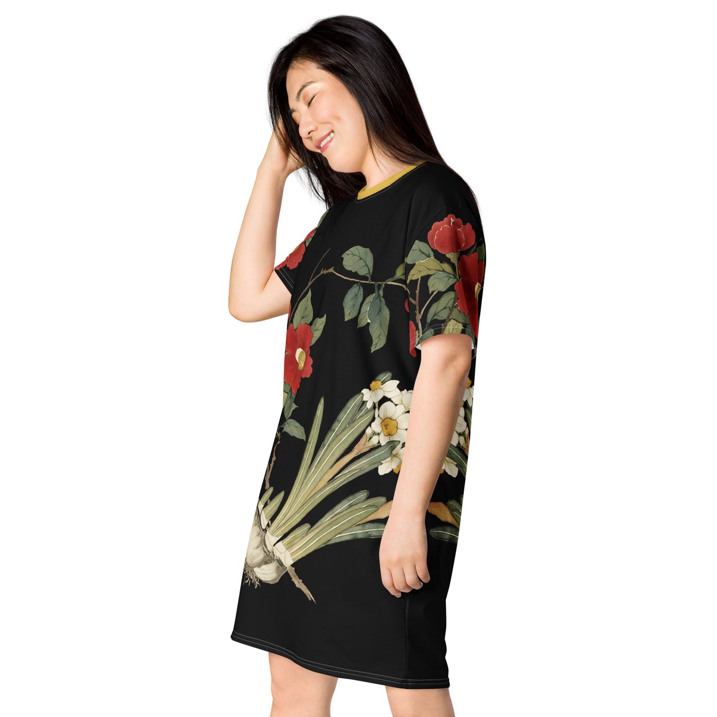 The Spirit of Flowers in Twelve Months|Narcissus and Camelia in Bloom|T-shirt dress|Black