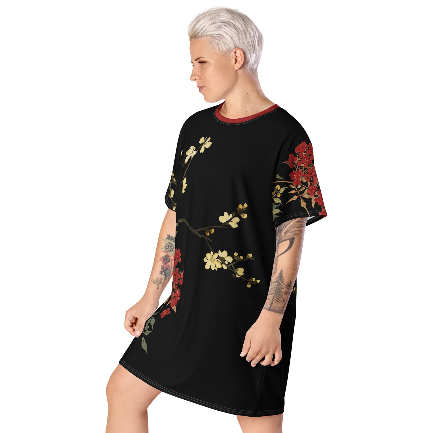 The Spirit of Flowers in Twelve Months|Blooming Wintersweet and Heavenly Bamboo|T-shirt dress|Black