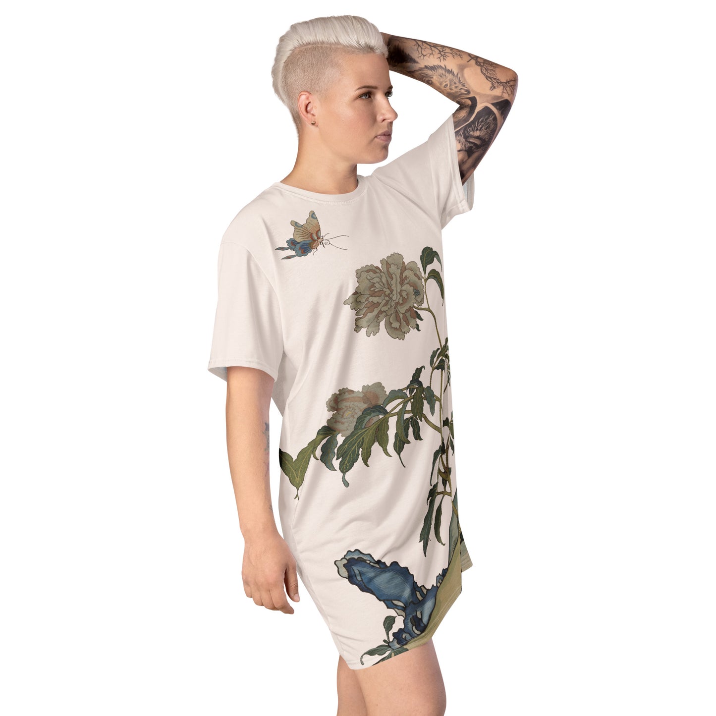Kesi Flower Album|Peonies and Butterfly|T-shirt dress|Fish belly white