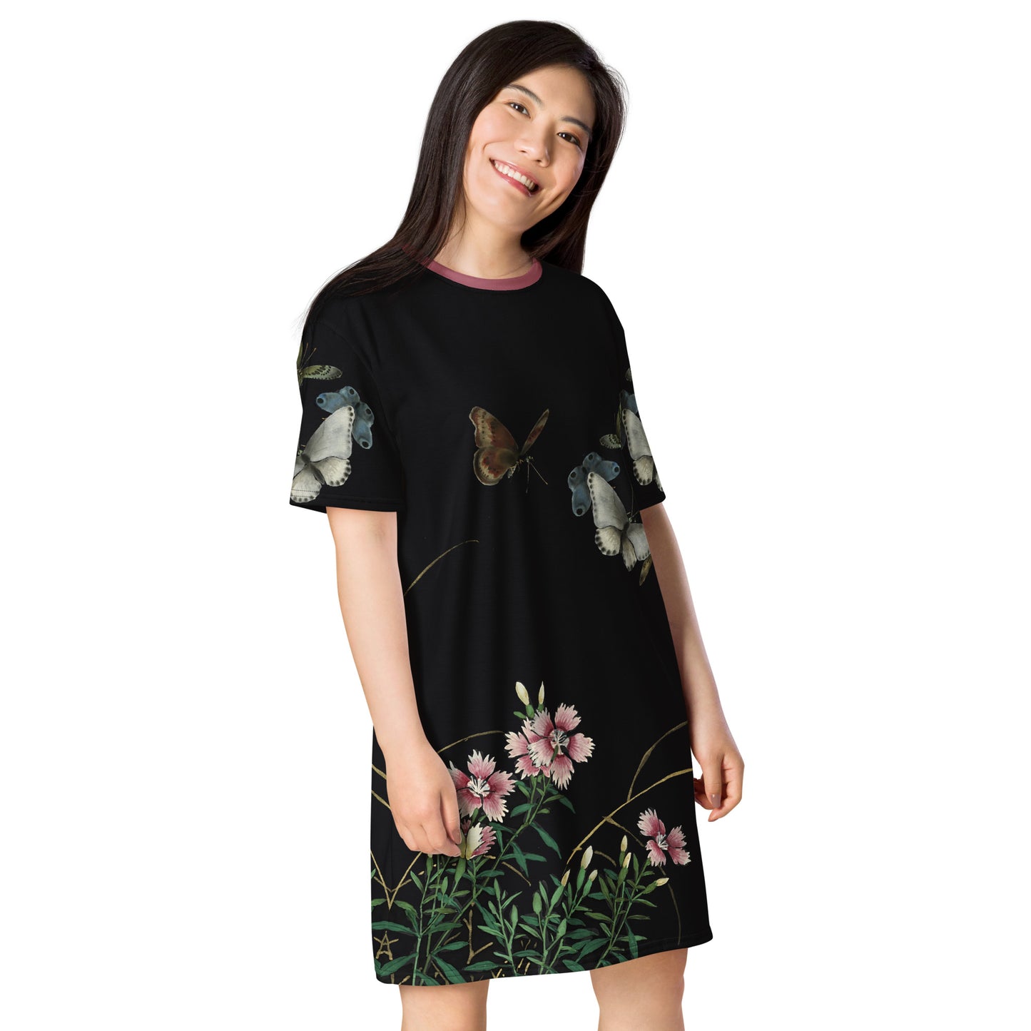 Cats And Butterflies Of Longevity|Butterflies and the Blooming Red-flowered Catchfly|T-shirt dress|Fish belly white