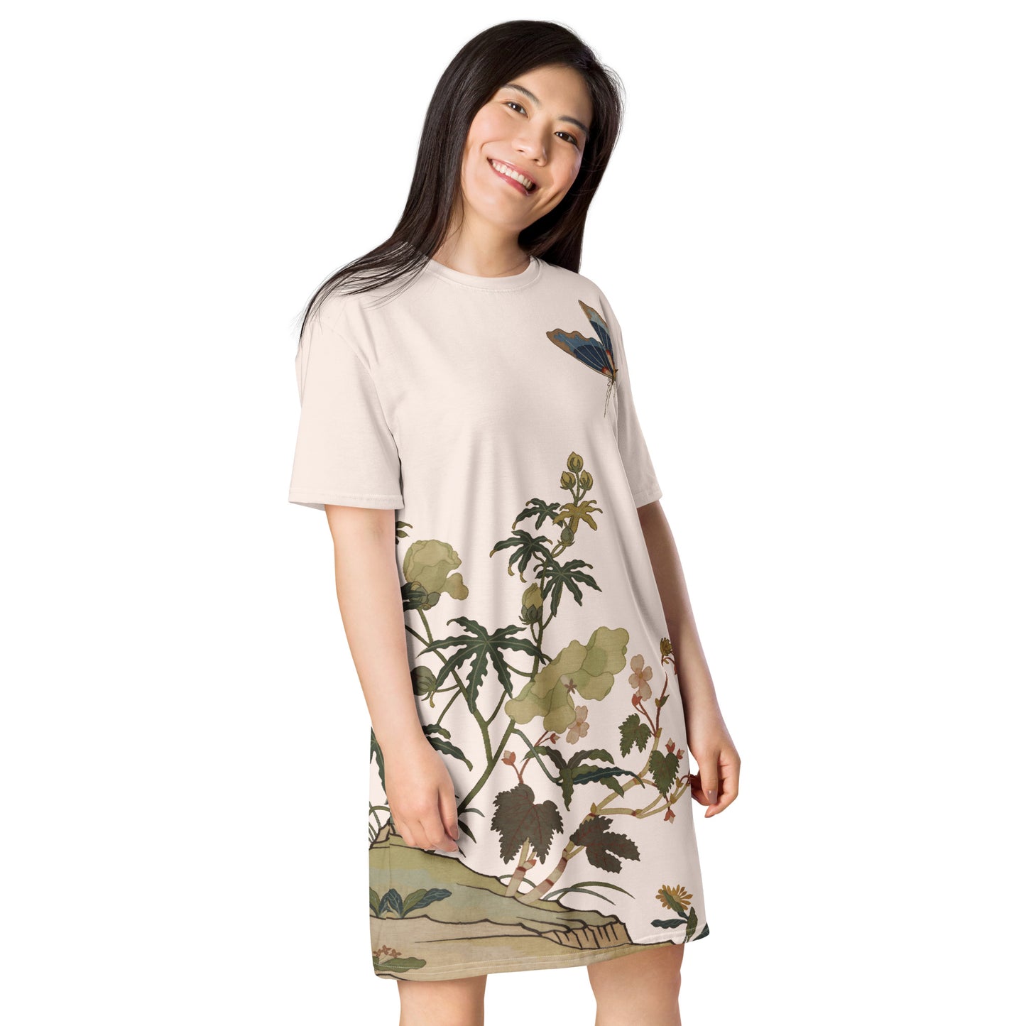 Kesi Flower Album|Hibiscus and Begonia Blossoms|T-shirt dress|Fish belly white