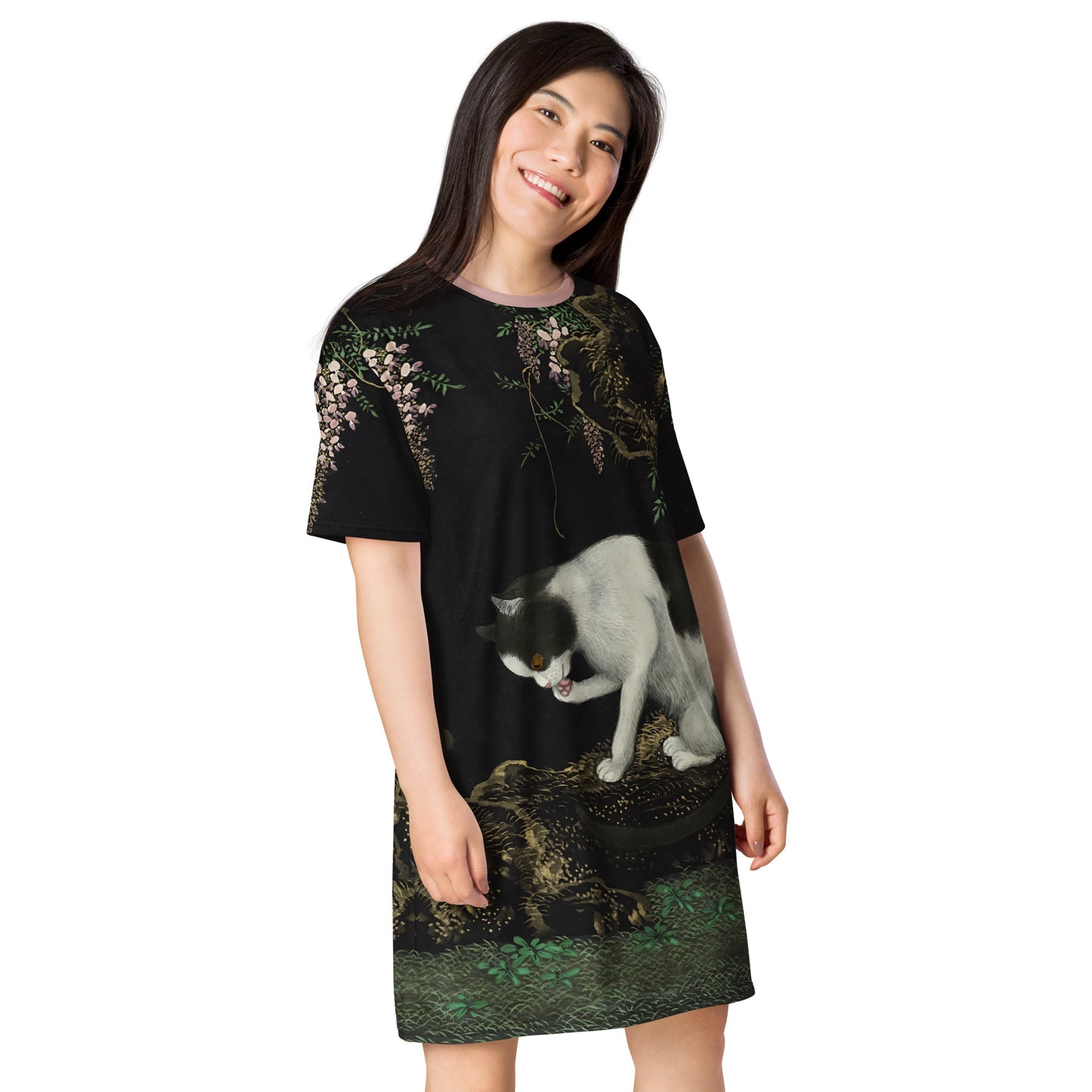 Cats And Butterflies Of Longevity|A Cat by the Blooming Wisteria|T-shirt dress
