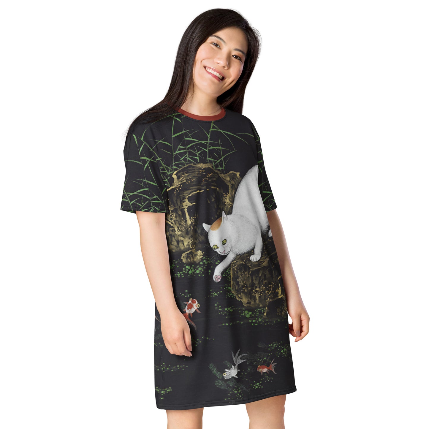 Cats And Butterflies Of Longevity|Cat with Fish and Aquatic Plants|T-shirt dress