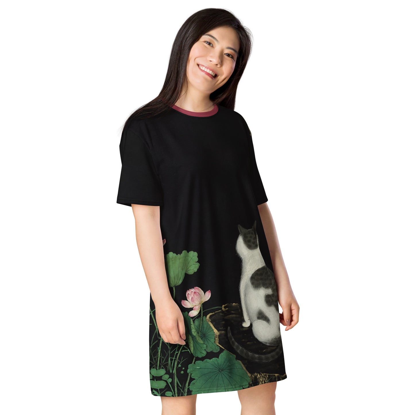 Cats And Butterflies Of Longevity|A Cat amidst the Lotus in Bloom|T-shirt dress