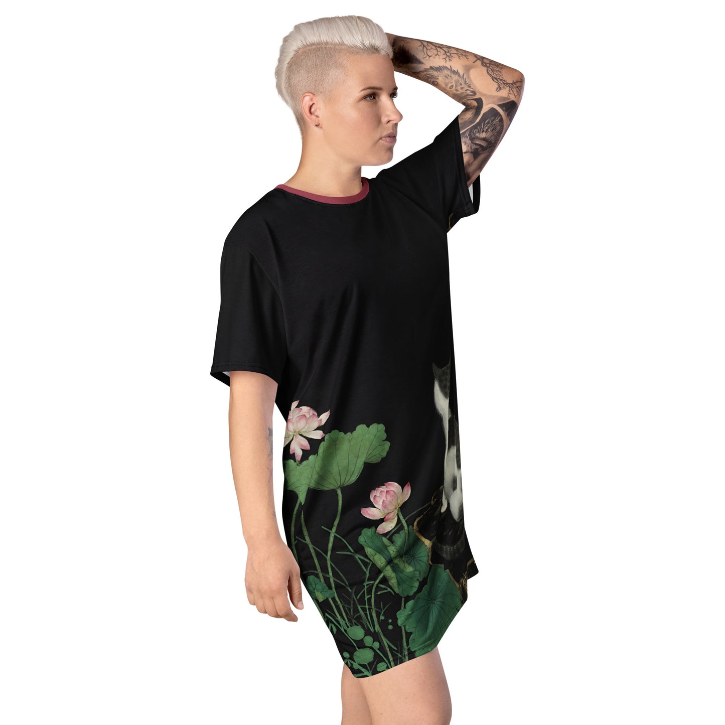 Cats And Butterflies Of Longevity|A Cat amidst the Lotus in Bloom|T-shirt dress