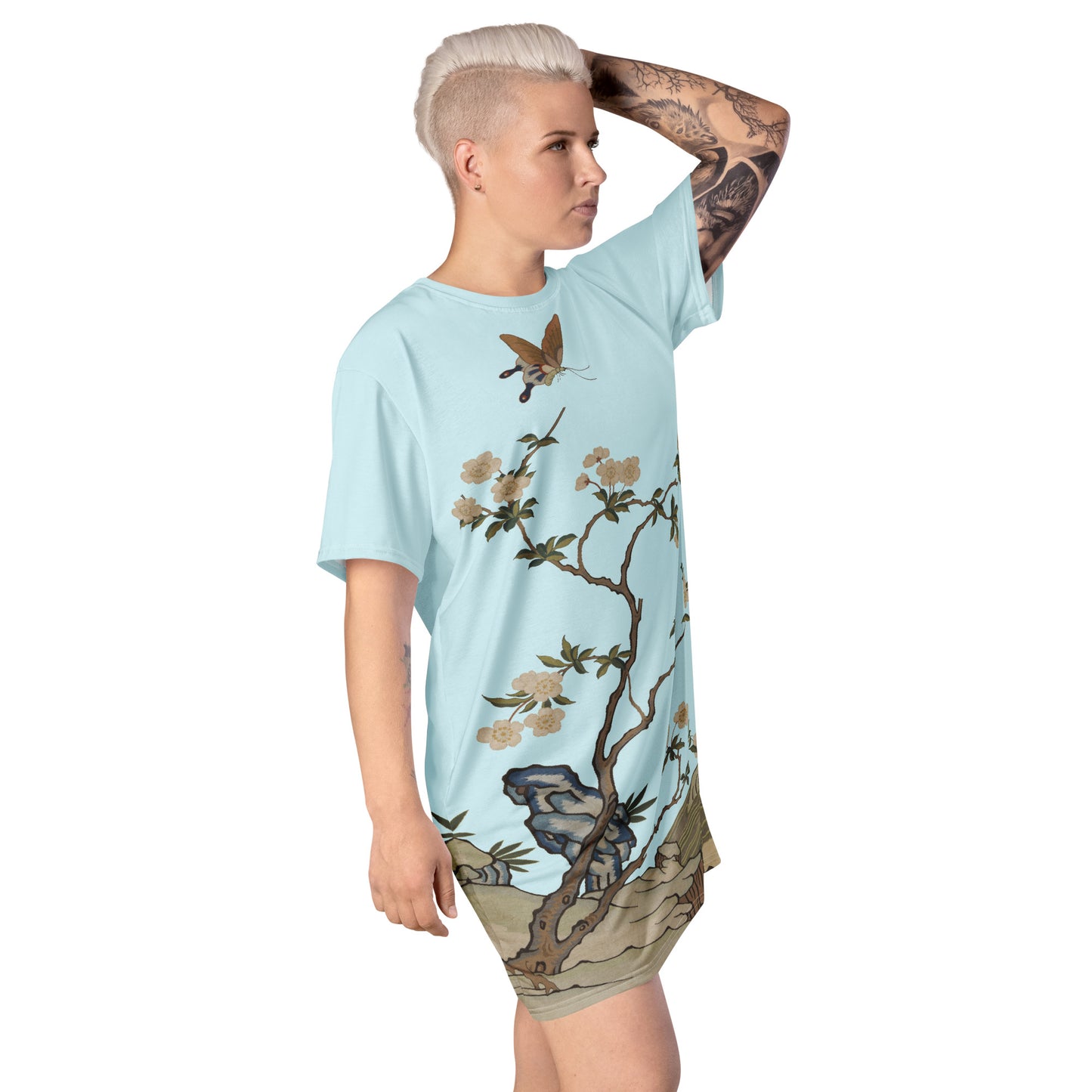Kesi Flower Album|Plum Blossoms and Butterfly|T-shirt dress|Aqua blue