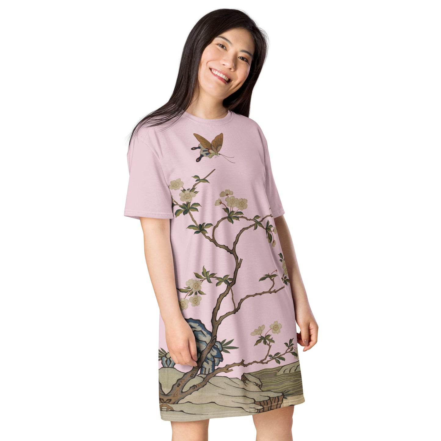 Kesi Flower Album|Plum Blossoms and Butterfly|T-shirt dress|Pale pinkish gray