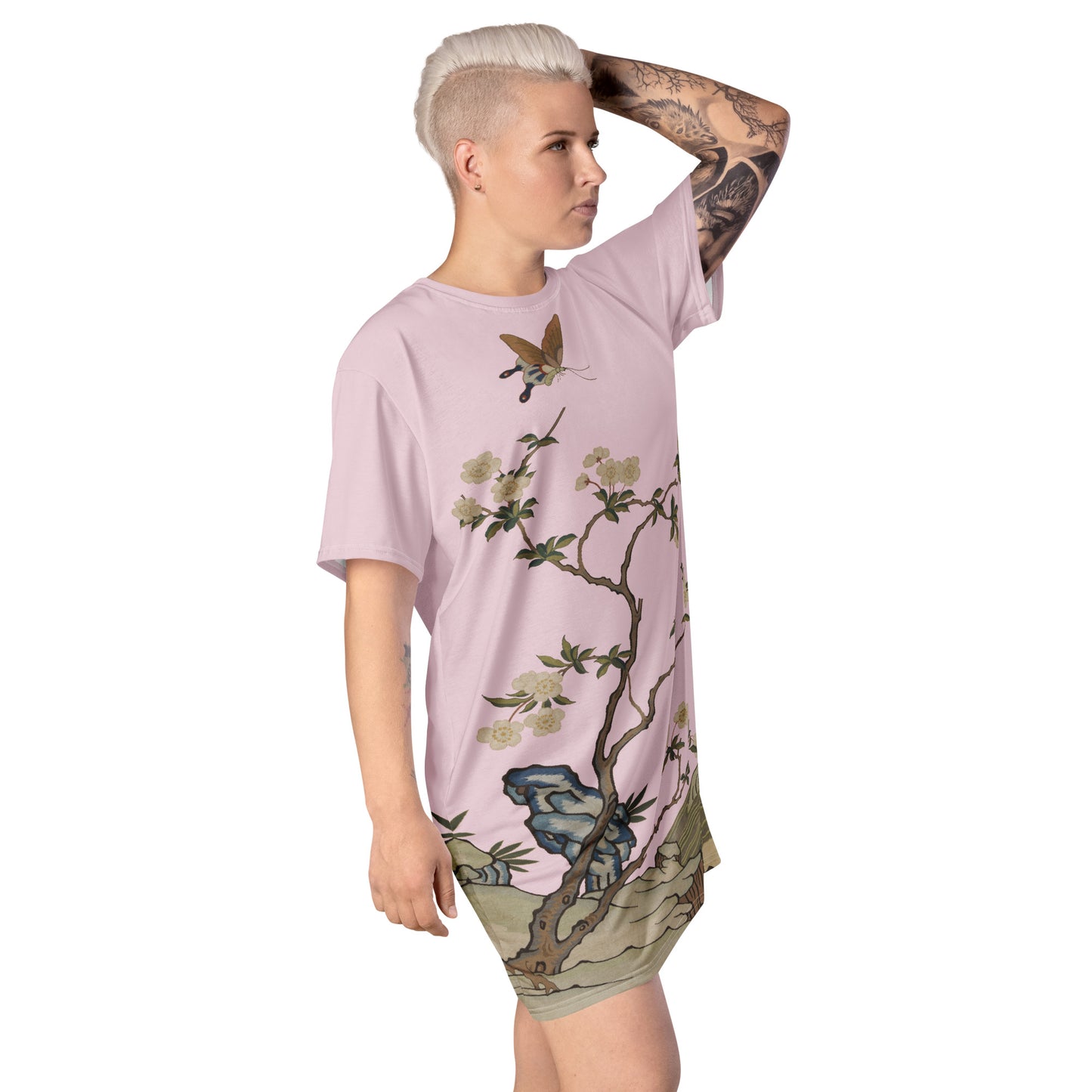 Kesi Flower Album|Plum Blossoms and Butterfly|T-shirt dress|Pale pinkish gray