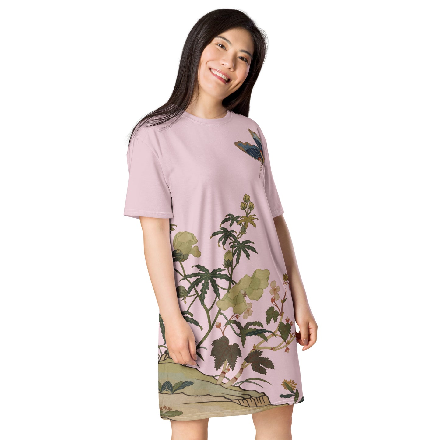 Kesi Flower Album|Hibiscus and Begonia Blossoms|T-shirt dress|Pale pinkish gray