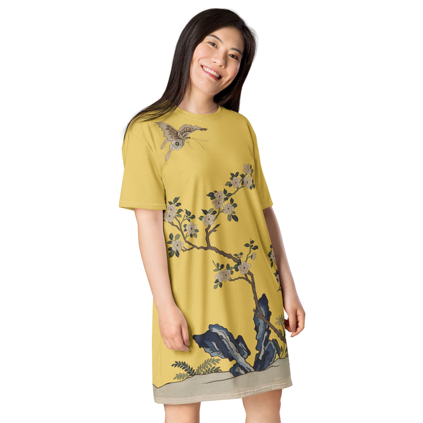 Kesi Flower Album|White Plum Blossoms and Butterfly|T-shirt dress|Gold