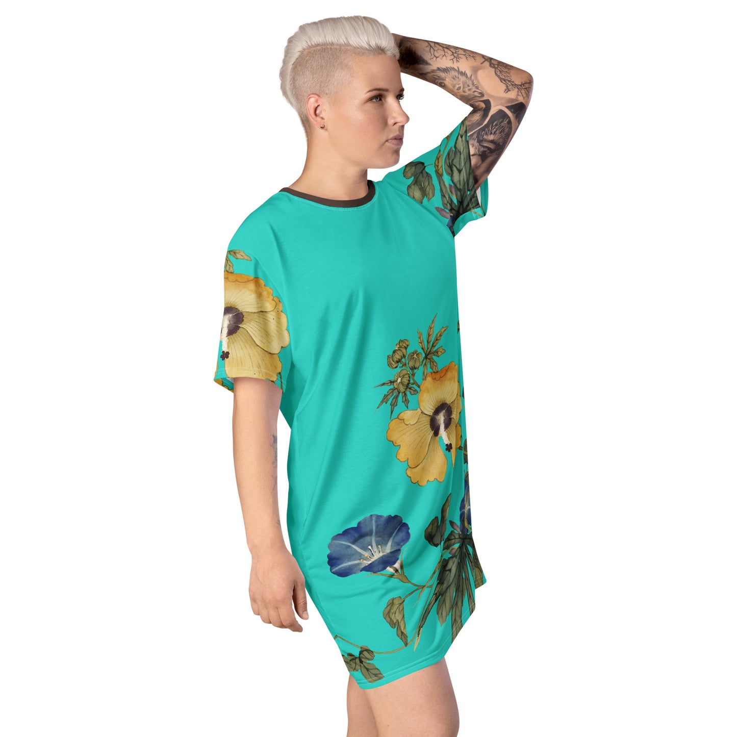 The Spirit of Flowers in Twelve Months|Okra and White-edged Morning Glory in Bloom|T-shirt dress|Turquoise