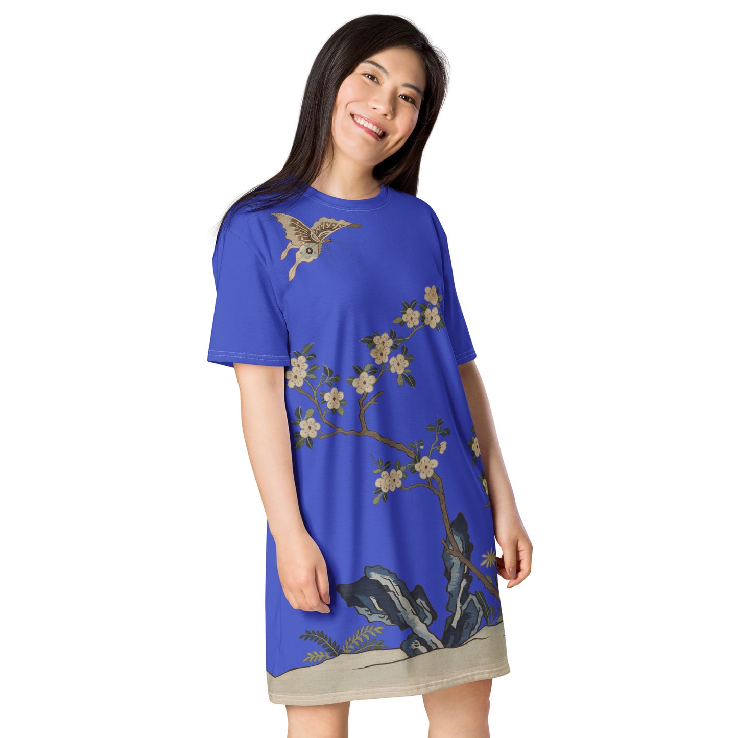 Kesi Flower Album|White Plum Blossoms and Butterfly|T-shirt dress|Royal blue