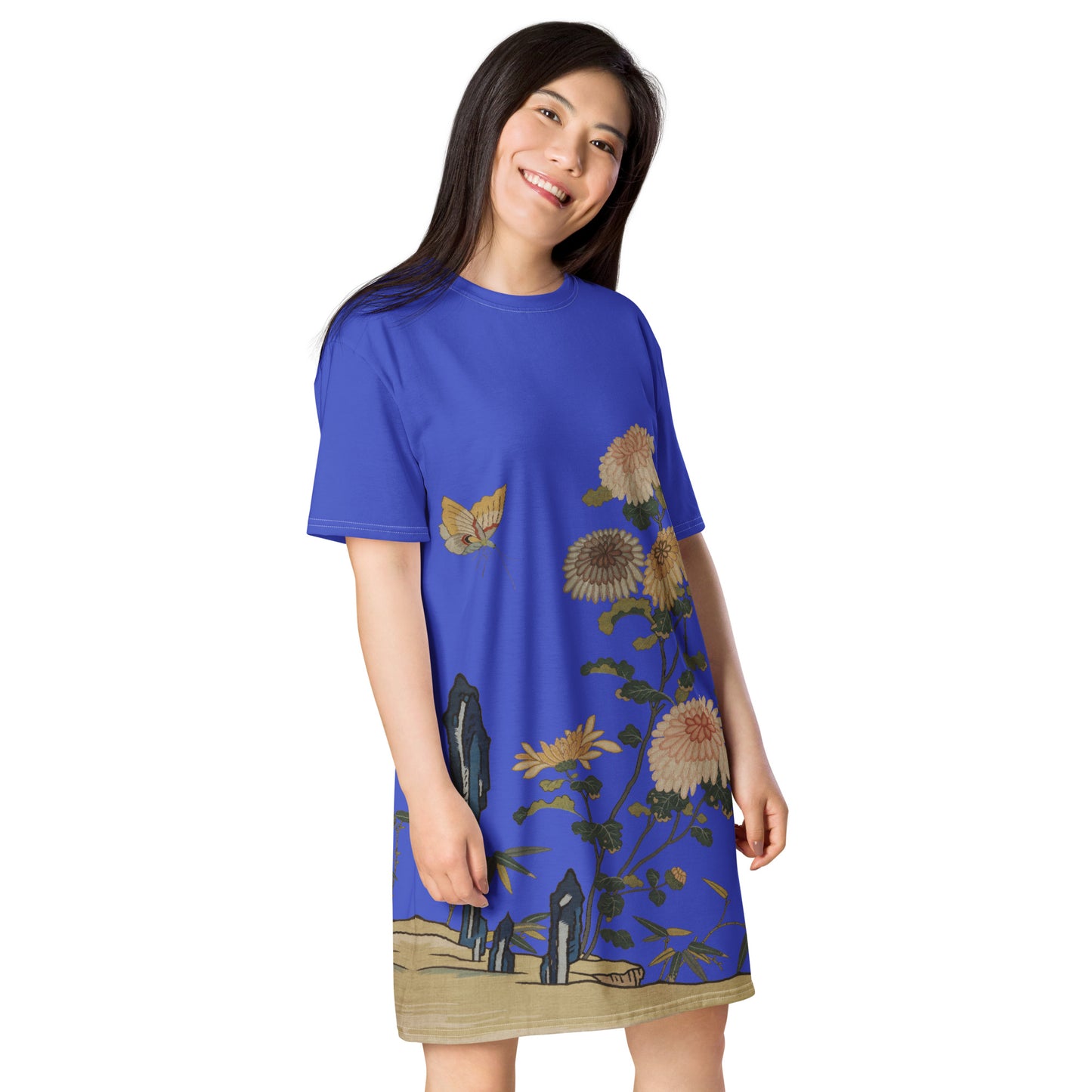 Kesi Flower Album|Chrysanthemums and Butterflies|T-shirt dress|Royal blue