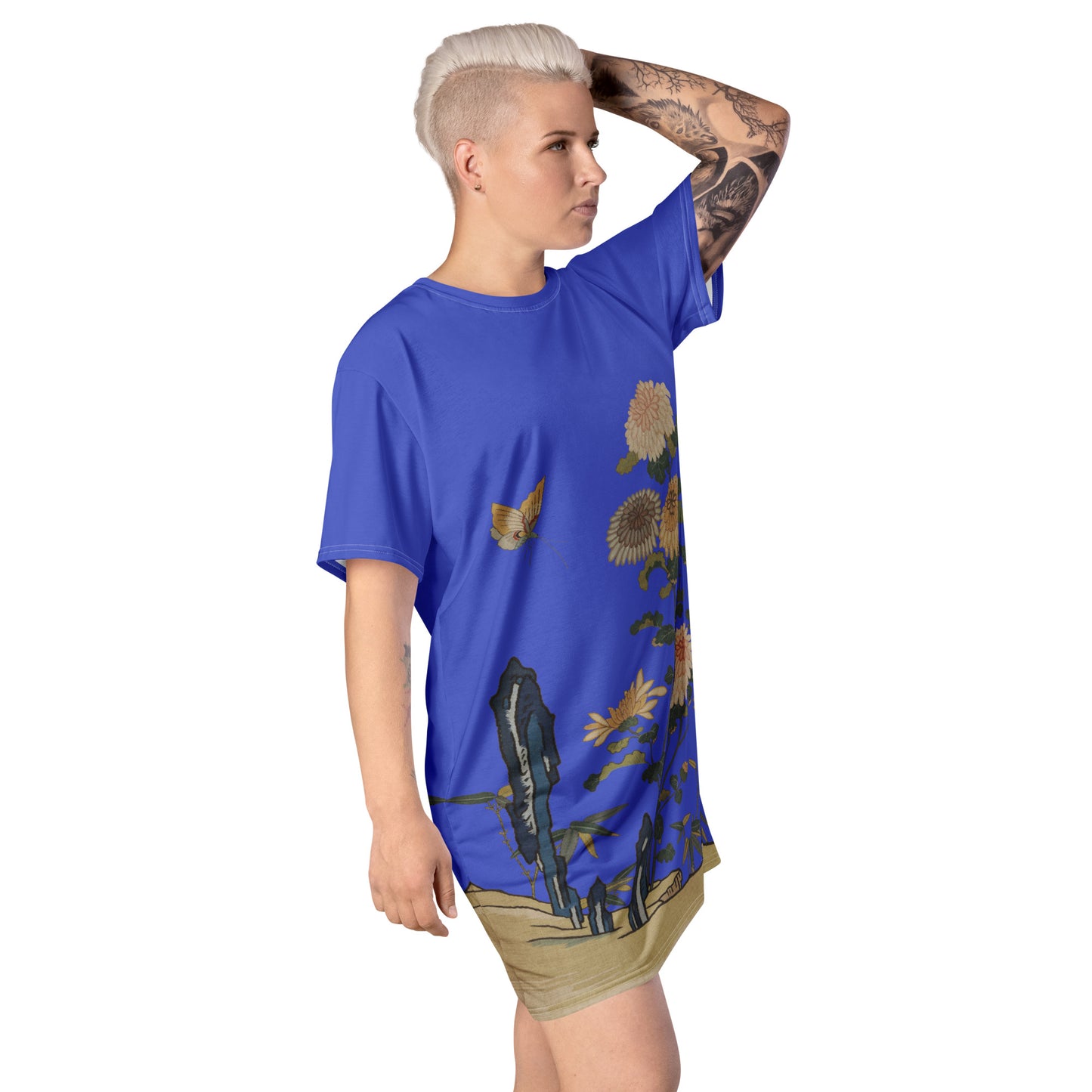 Kesi Flower Album|Chrysanthemums and Butterflies|T-shirt dress|Royal blue