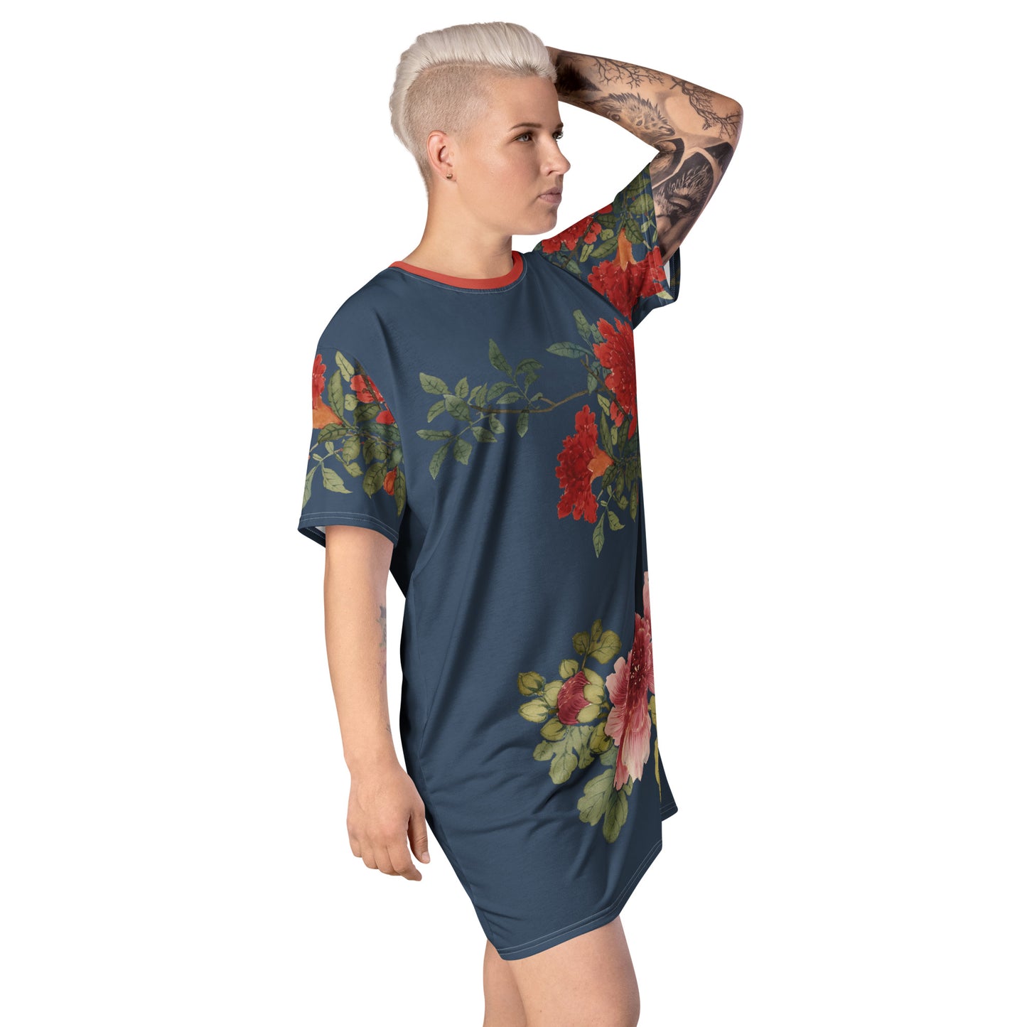 The Spirit of Flowers in Twelve Months|Hollyhock and Pomegranate in Bloom|T-shirt dress|Dark blue