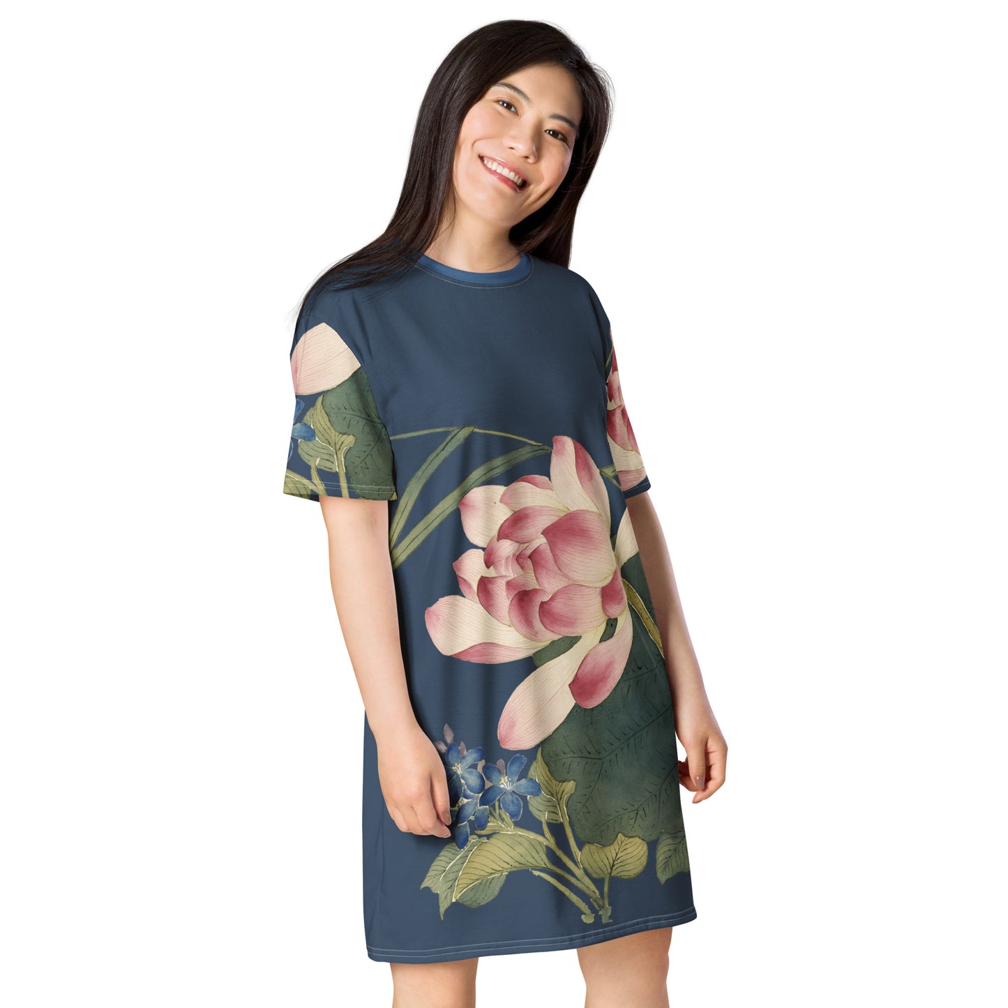 The Spirit of Flowers in Twelve Months|Lotus in Bloom|T-shirt dress|Dark blue