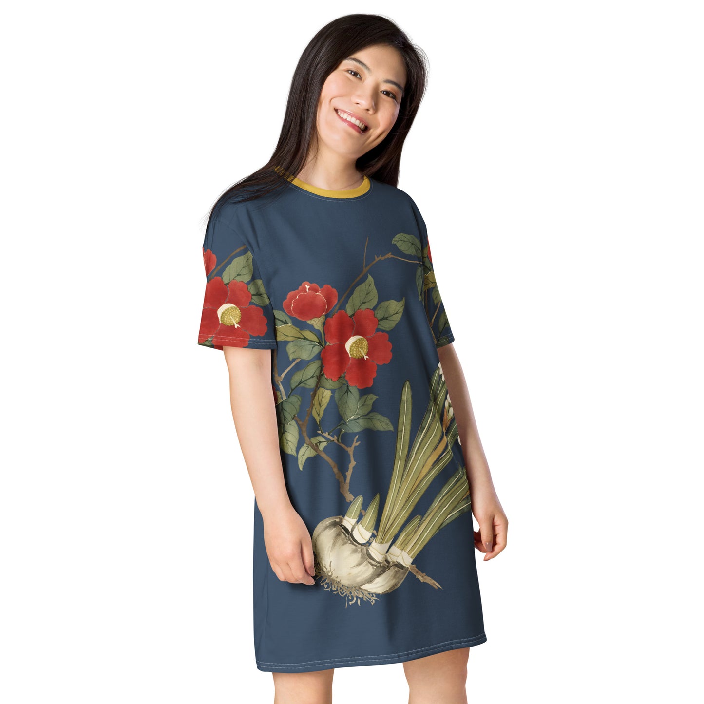 The Spirit of Flowers in Twelve Months|Narcissus and Camelia in Bloom|T-shirt dress|Dark blue