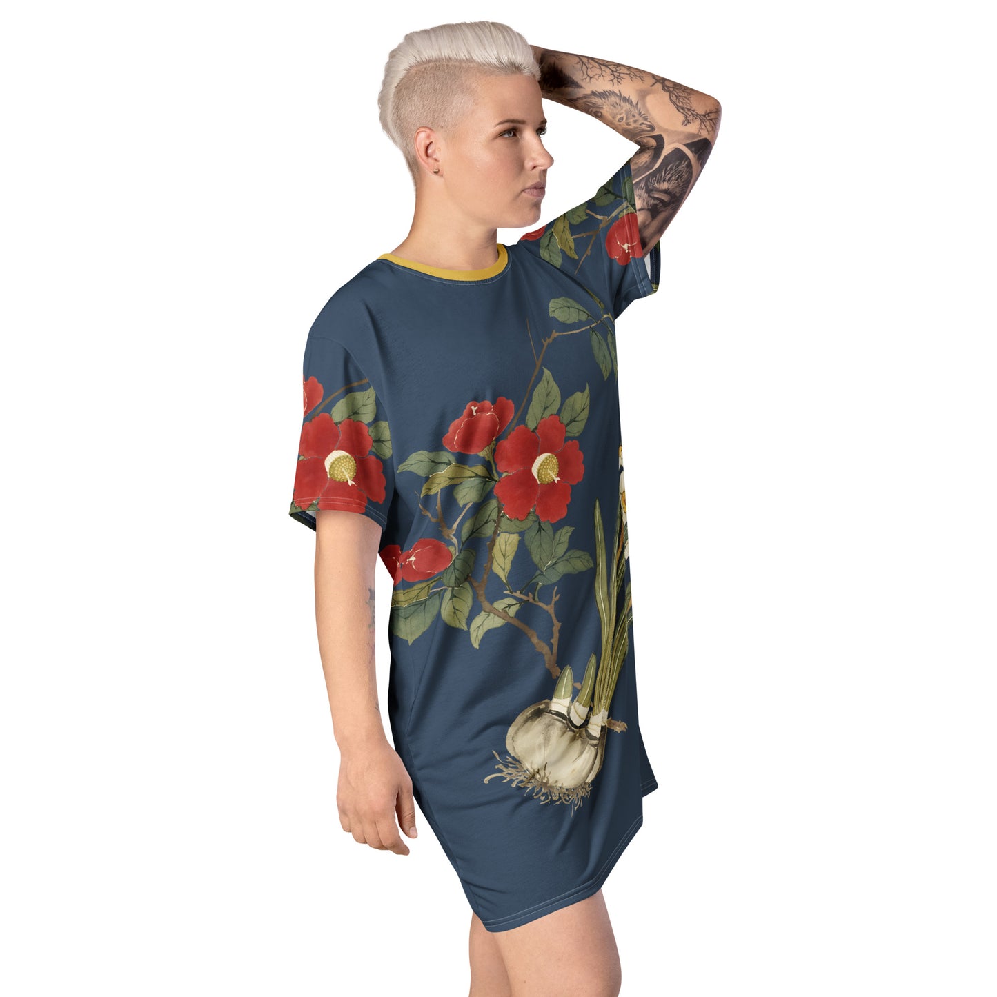 The Spirit of Flowers in Twelve Months|Narcissus and Camelia in Bloom|T-shirt dress|Dark blue