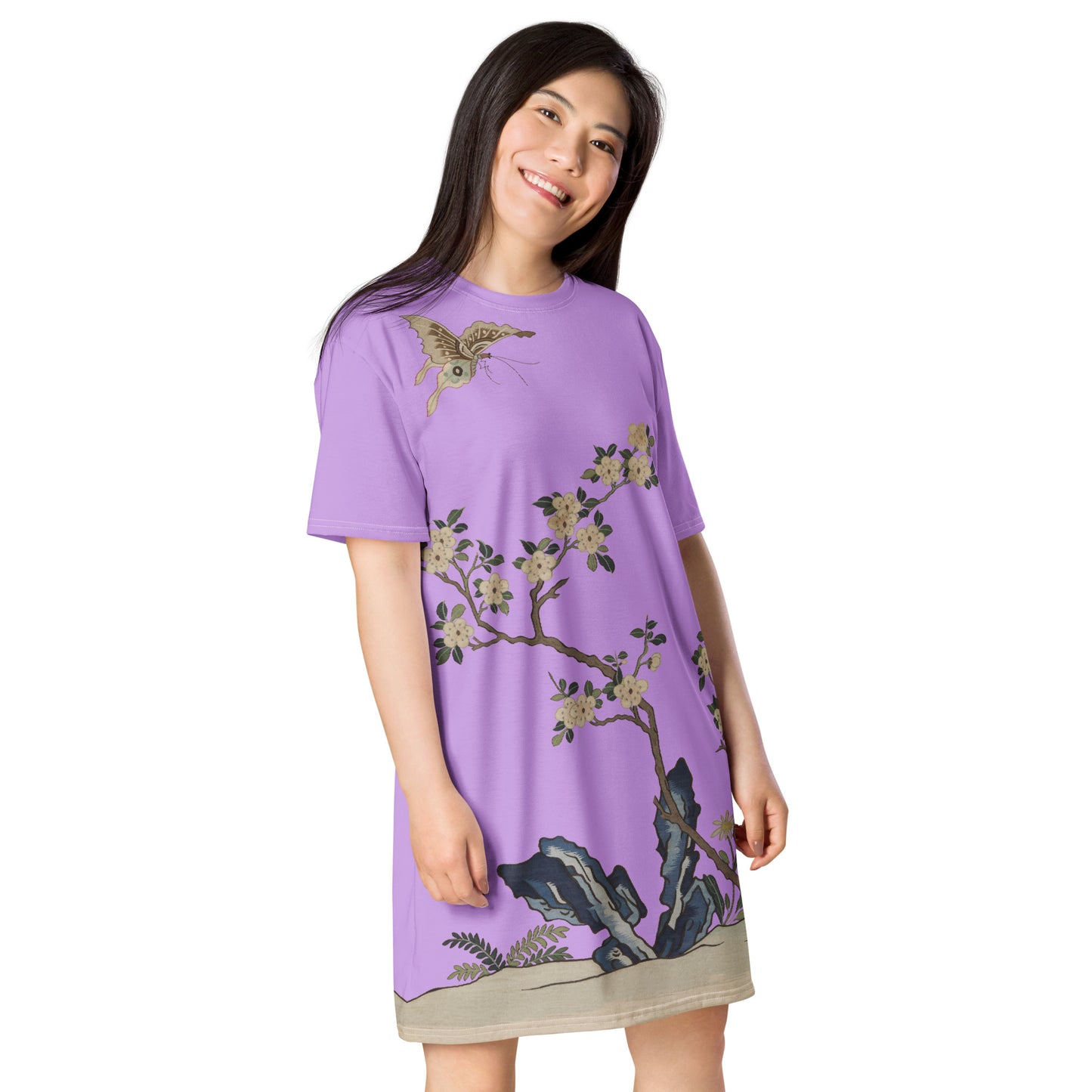 Kesi Flower Album|White Plum Blossoms and Butterfly|T-shirt dress|Lilac