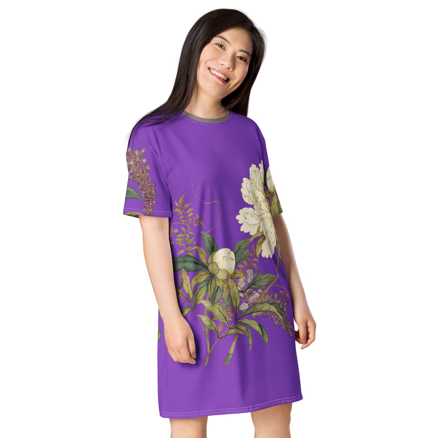 The Spirit of Flowers in Twelve Months|Chinese Peony and Wisteria in Bloom|T-shirt dress|Purple