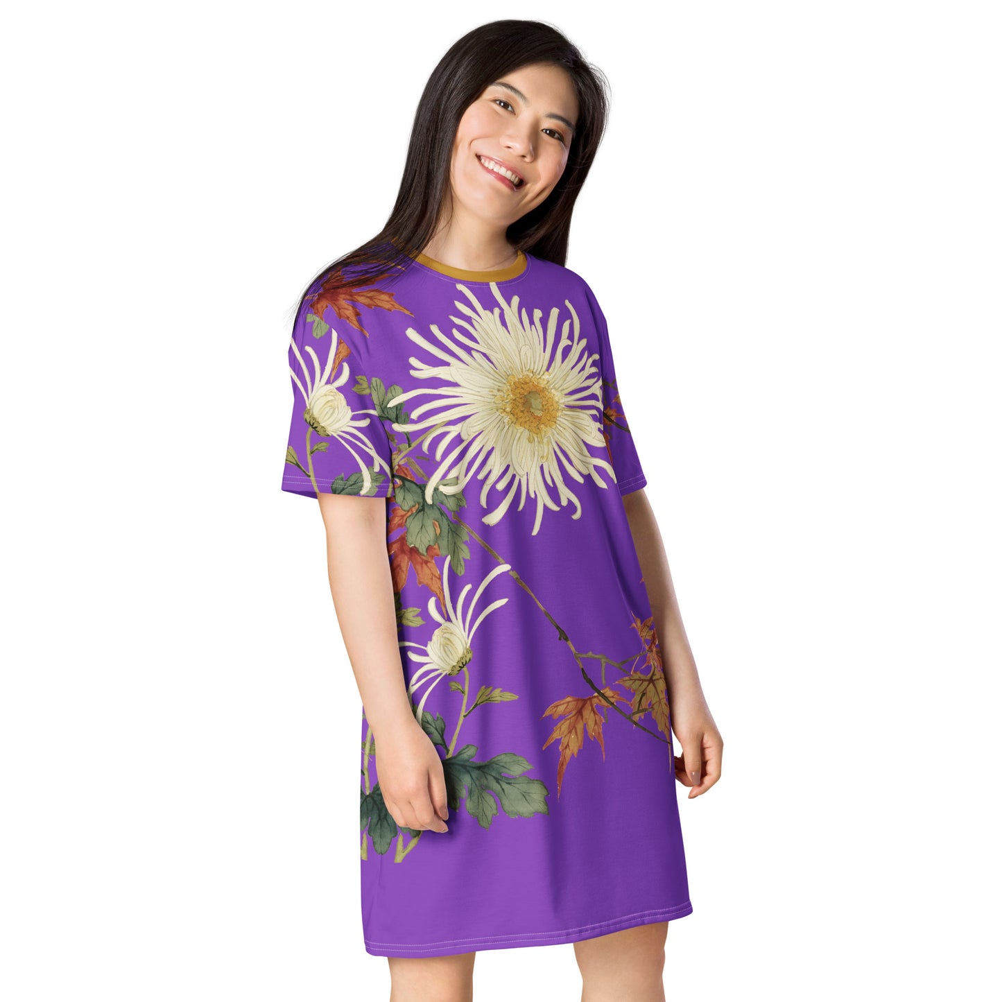 The Spirit of Flowers in Twelve Months|Blooming Chrysanthemum and Maple Leaves|T-shirt dress|Purple