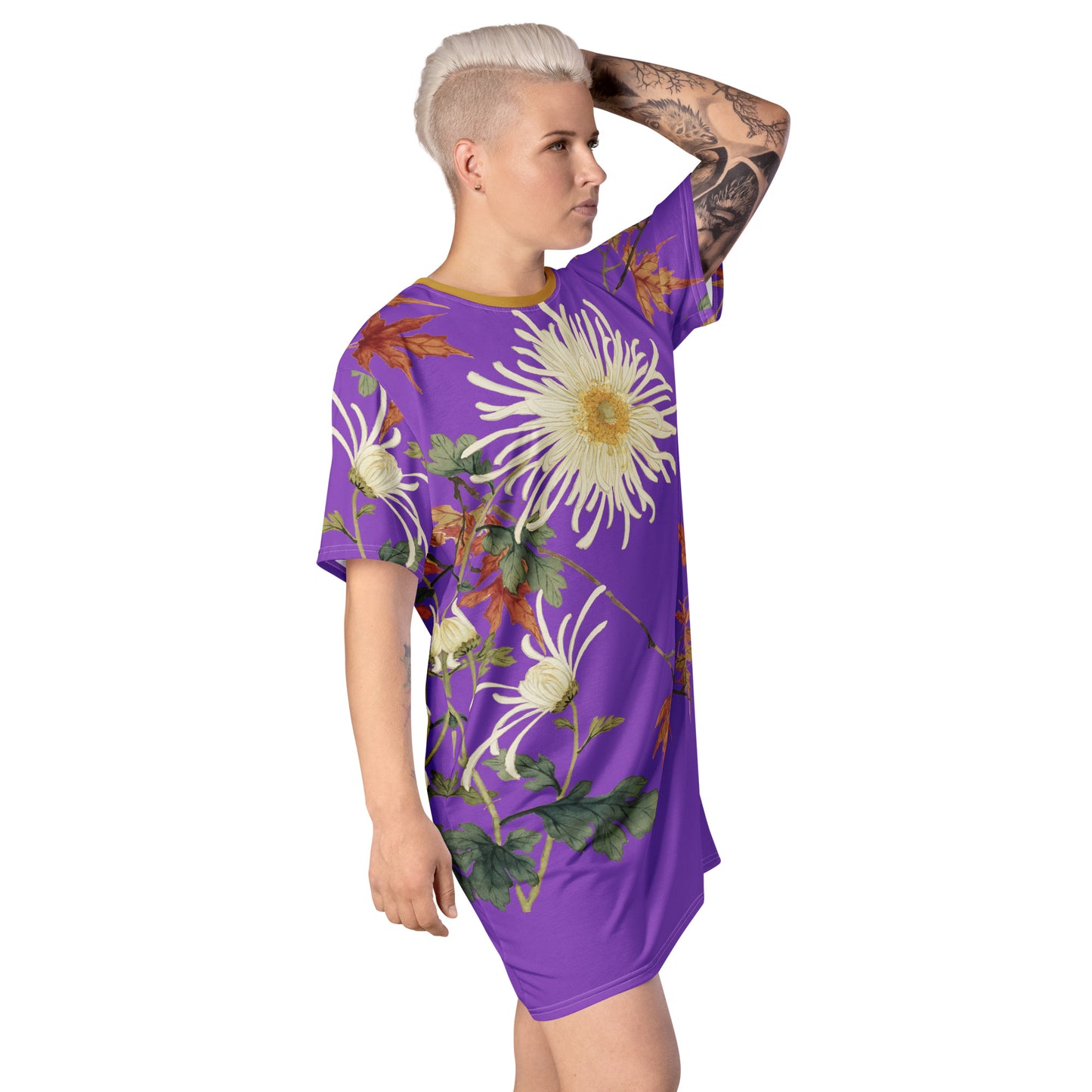 The Spirit of Flowers in Twelve Months|Blooming Chrysanthemum and Maple Leaves|T-shirt dress|Purple