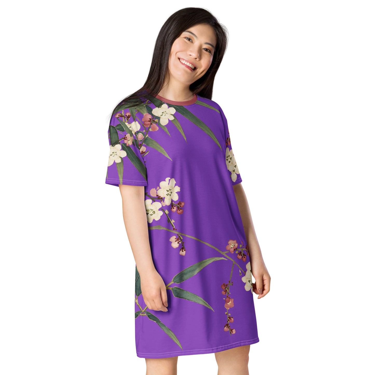 The Spirit of Flowers in Twelve Months|Crimson Plum Blossom and Lush Green Bamboo|T-shirt dress|Purple