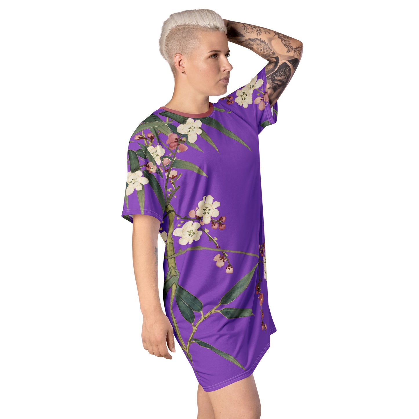 The Spirit of Flowers in Twelve Months|Crimson Plum Blossom and Lush Green Bamboo|T-shirt dress|Purple