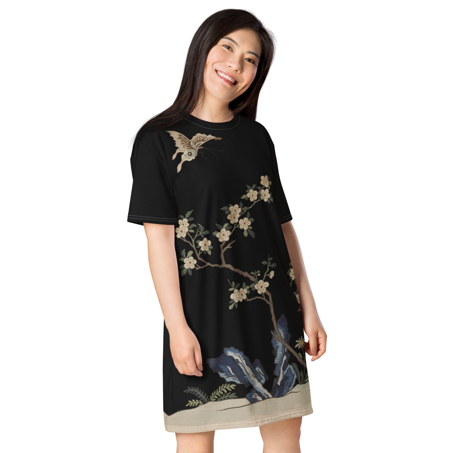Kesi Flower Album|White Plum Blossoms and Butterfly|T-shirt dress|Black