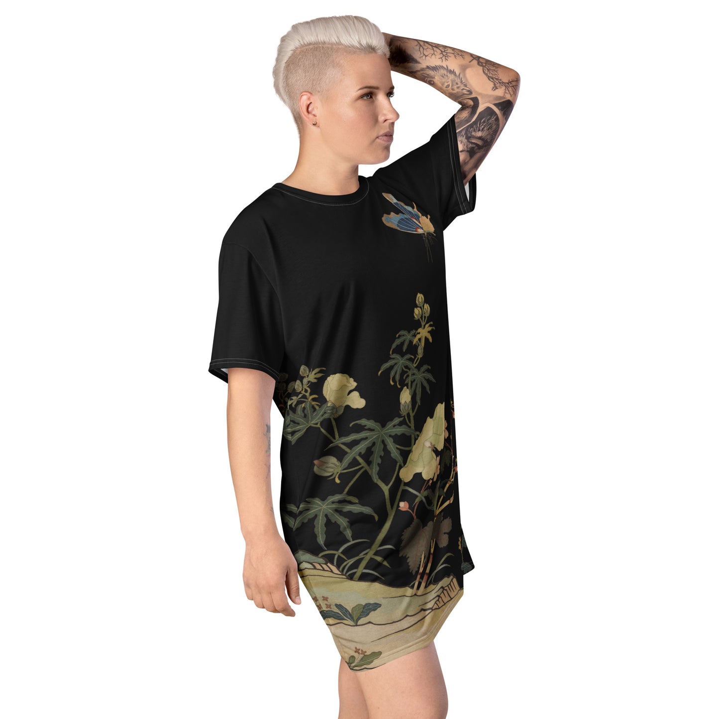 Kesi Flower Album|Hibiscus and Begonia Blossoms|T-shirt dress|Black