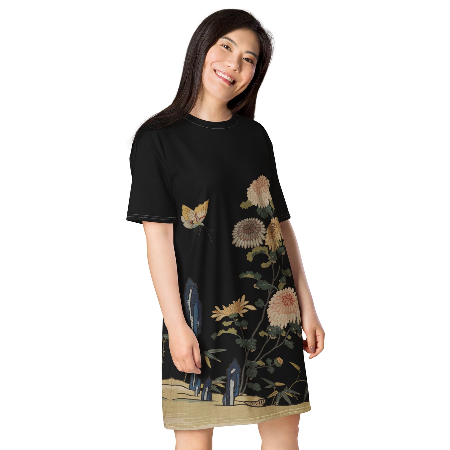 Kesi Flower Album|Chrysanthemums and Butterflies|T-shirt dress|Black