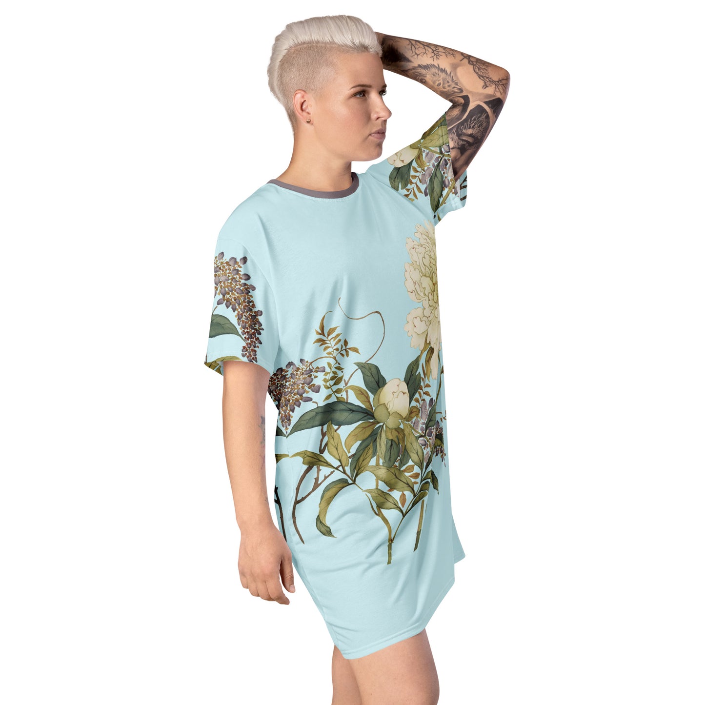 The Spirit of Flowers in Twelve Months|Chinese Peony and Wisteria in Bloom|T-shirt dress|Aqua blue