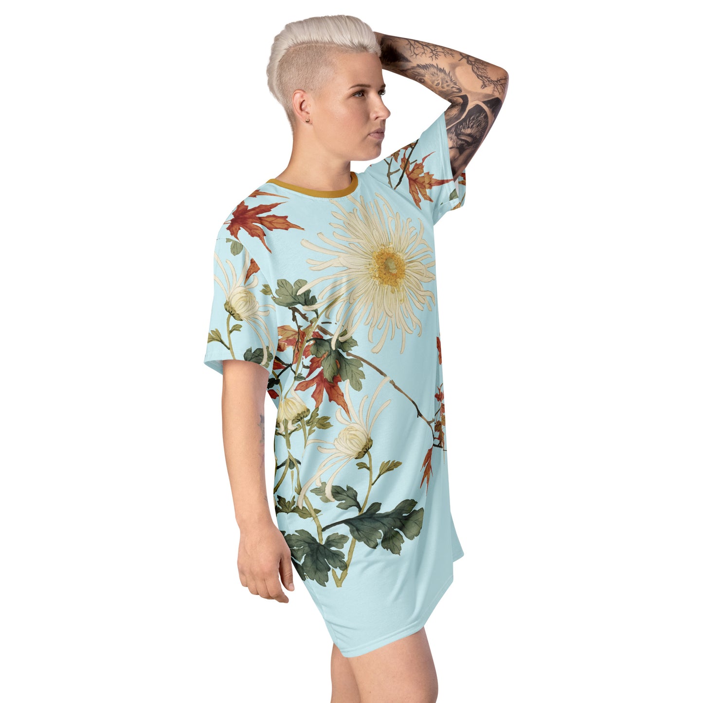 The Spirit of Flowers in Twelve Months|Blooming Chrysanthemum and Maple Leaves|T-shirt dress|Aqua blue