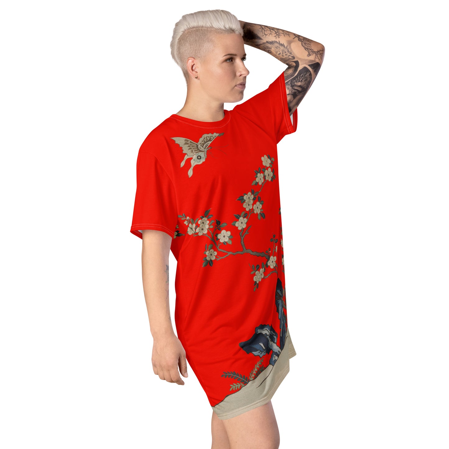 タペストリーの花|白梅と蝶|Tシャツドレス|Garnet red