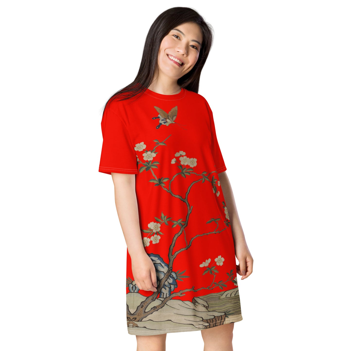 タペストリーの花|梅の花と蝶|Tシャツドレス|Garnet red