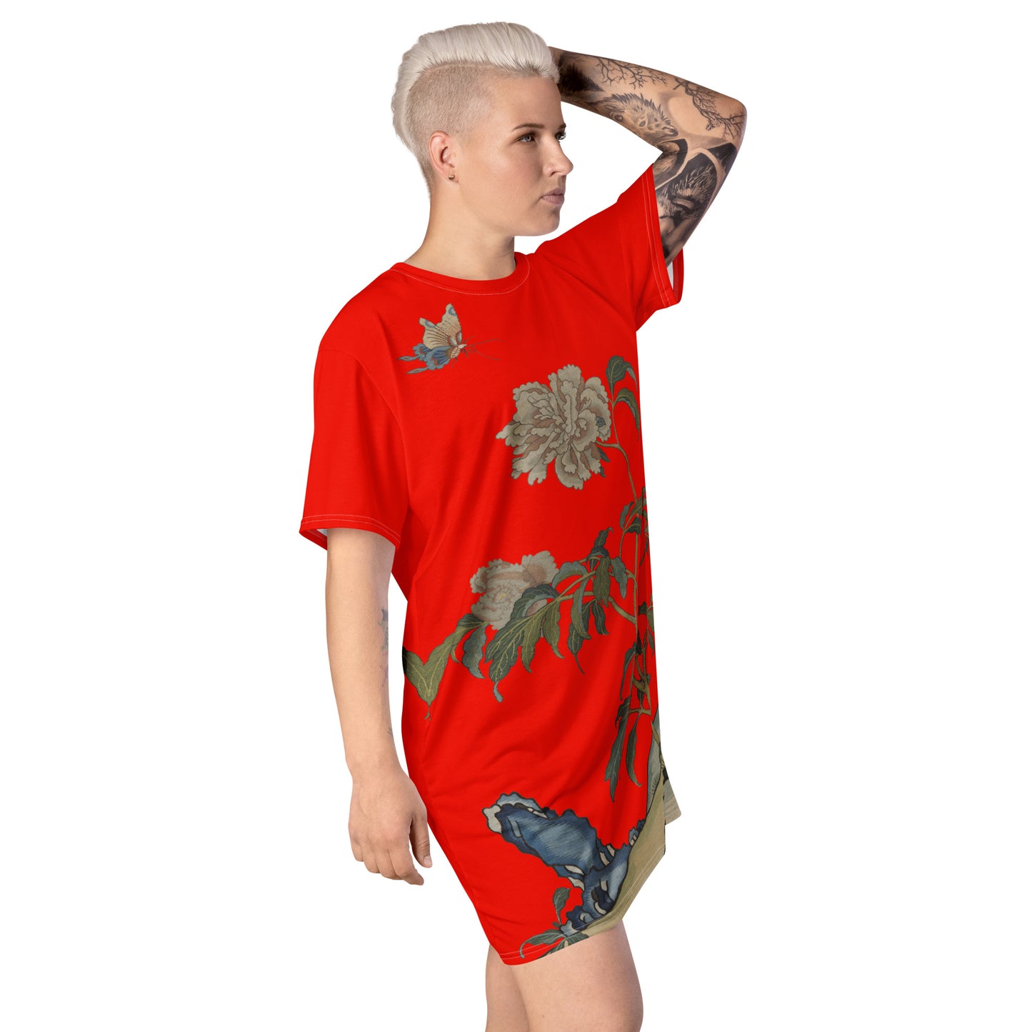 タペストリーの花|Peonies and Butterfly|Tシャツドレス|Garnet red
