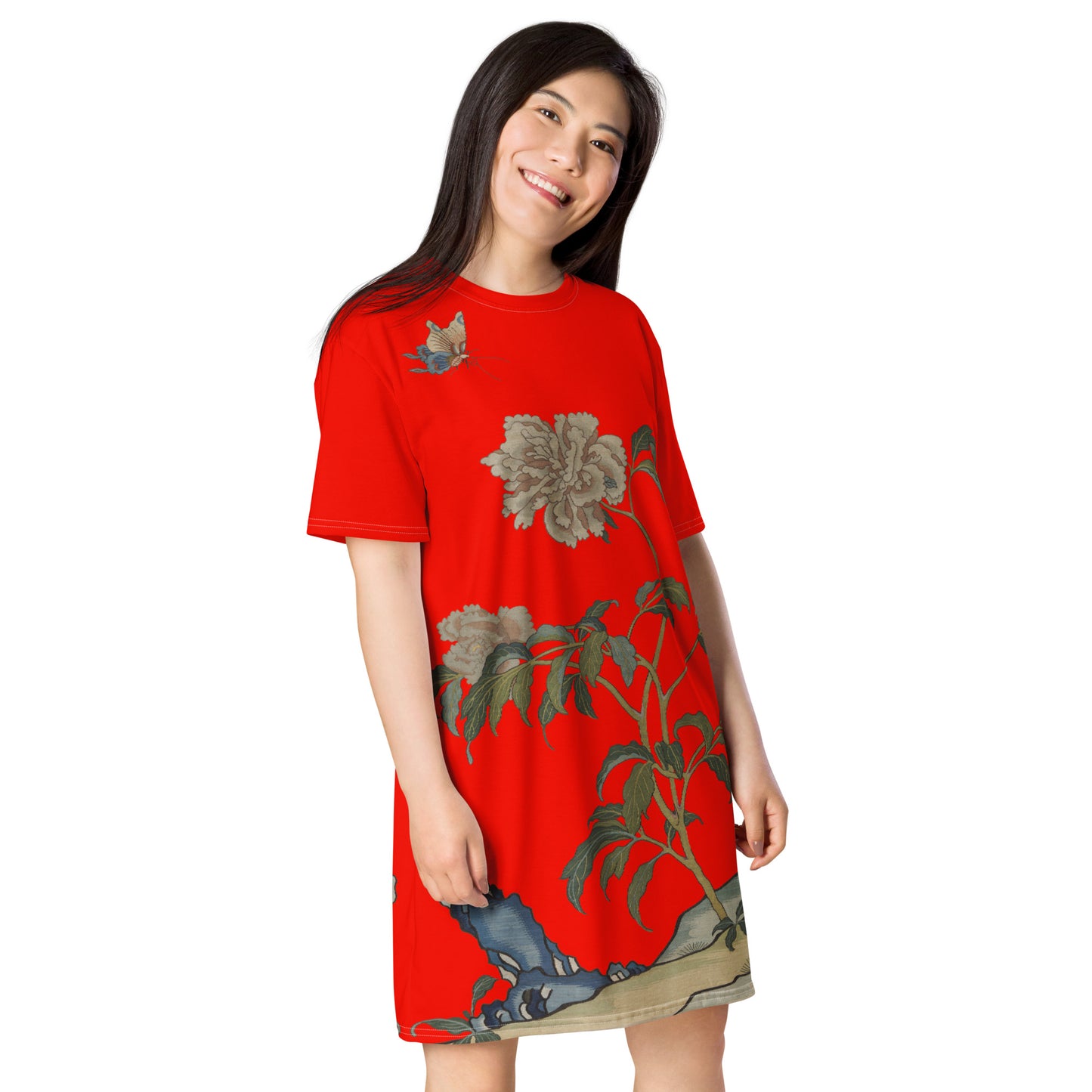 タペストリーの花|Peonies and Butterfly|Tシャツドレス|Garnet red