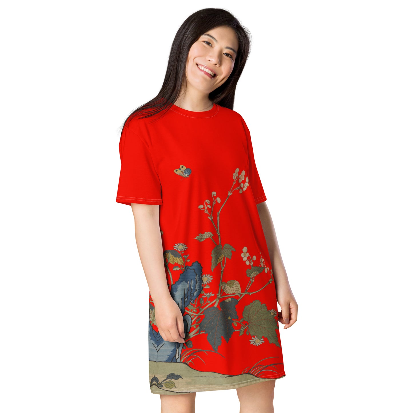 タペストリーの花|Begonia Blossoms|T-shirt dress|Garnet red
