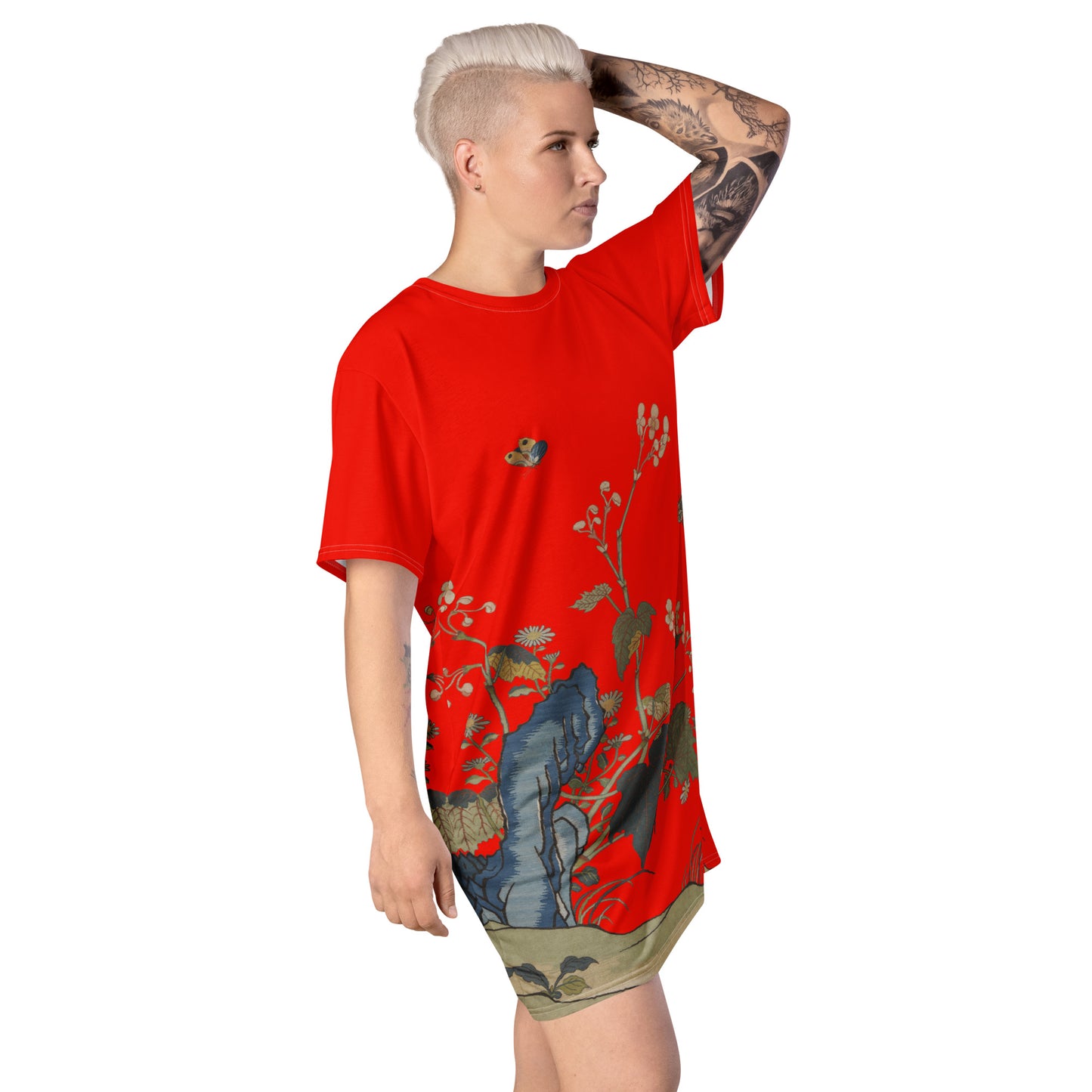 タペストリーの花|Begonia Blossoms|T-shirt dress|Garnet red
