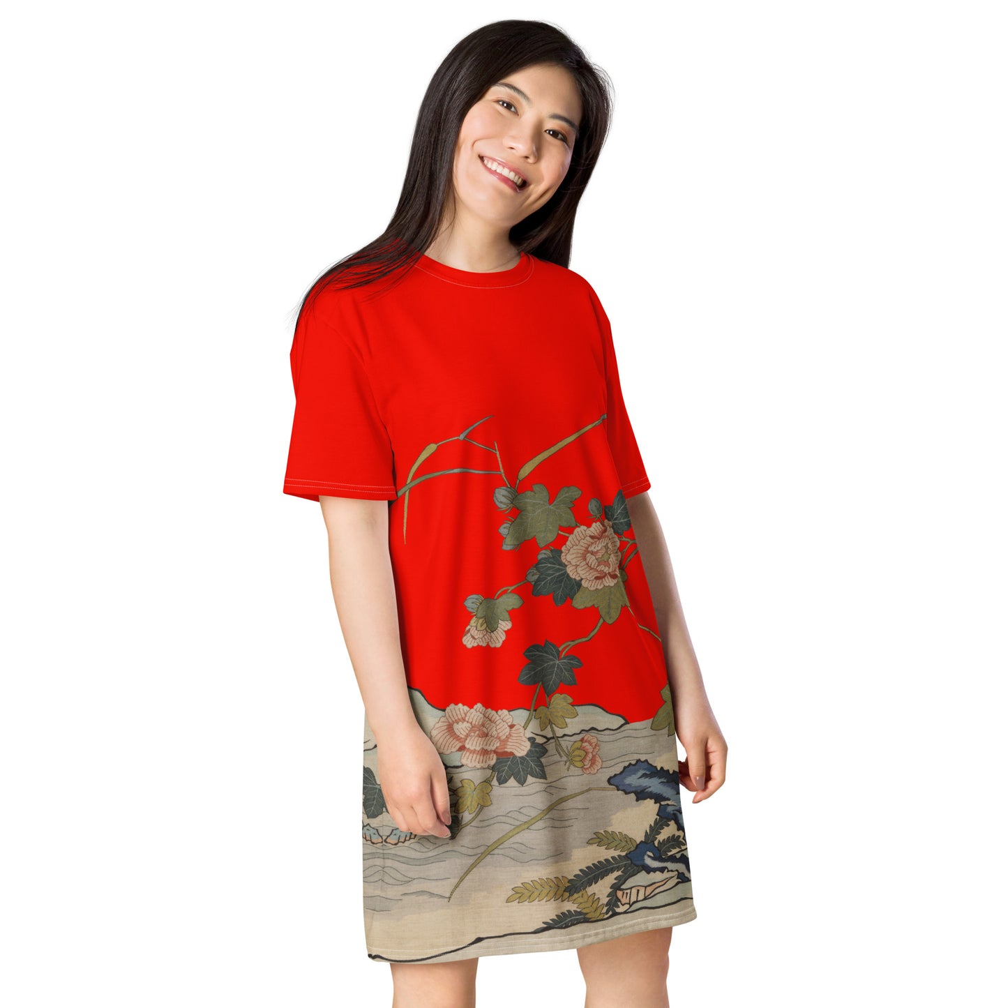タペストリーの花|水辺のハイビスカス|Tシャツドレス|Garnet red