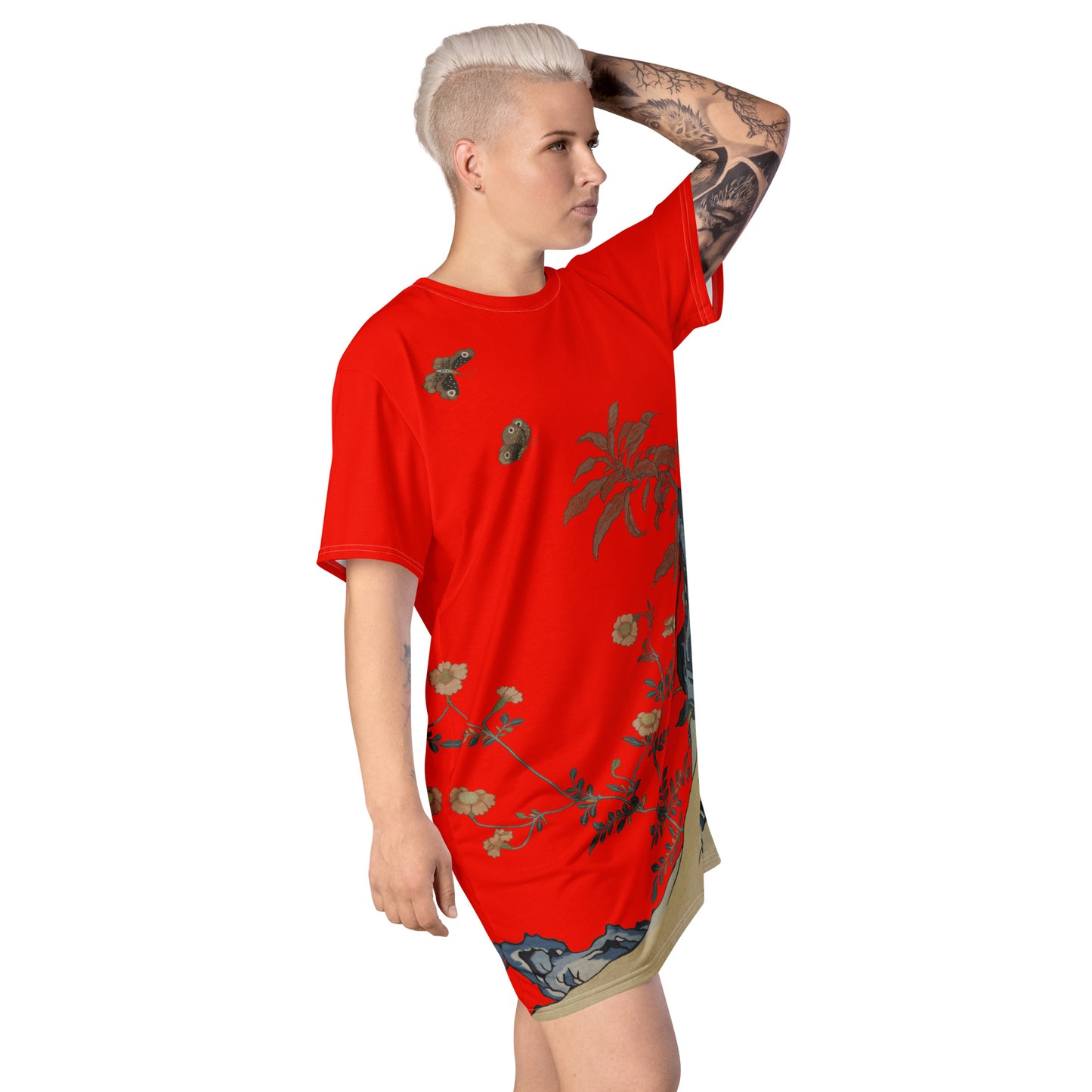タペストリーの花|蝶と花|Tシャツドレス|Garnet red