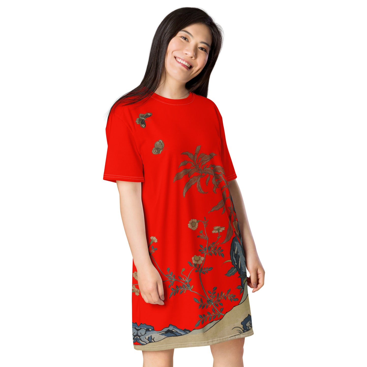 タペストリーの花|蝶と花|Tシャツドレス|Garnet red