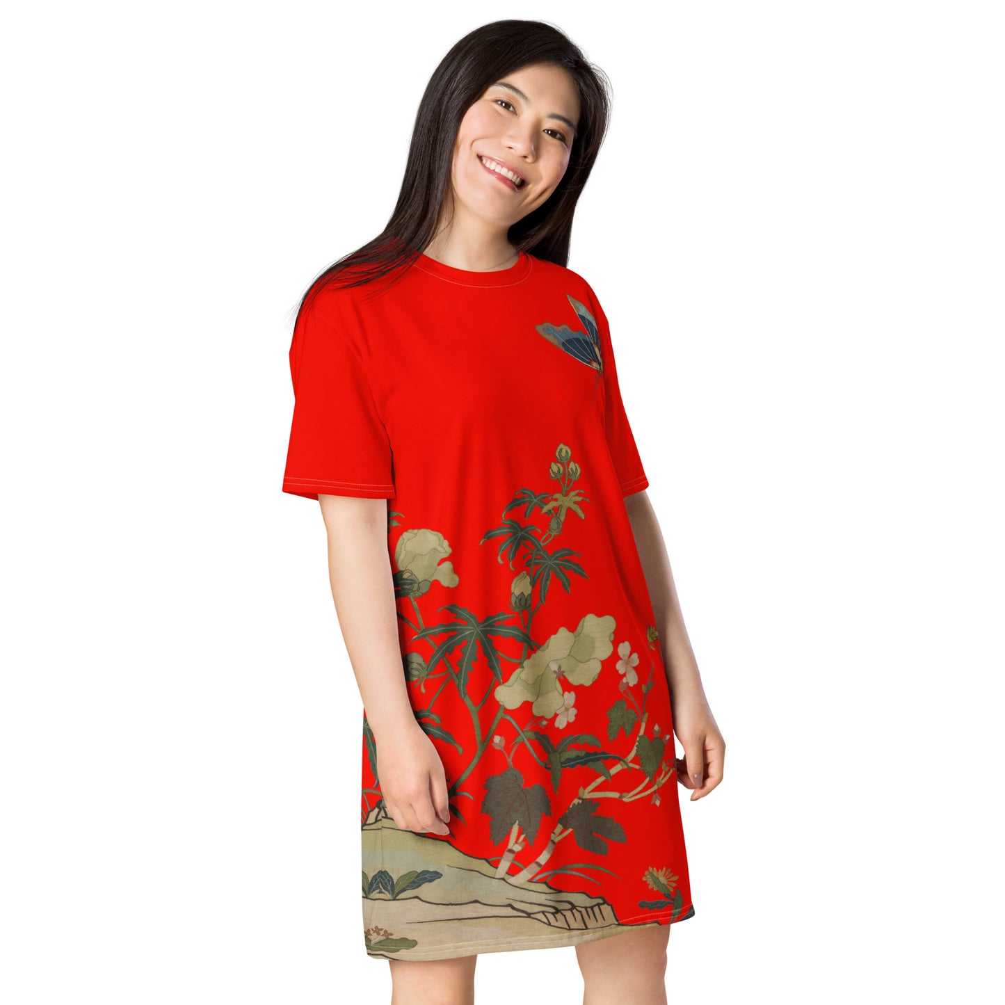 タペストリーの花|ハイビスカスとベゴニアの花|Tシャツドレス|Garnet red