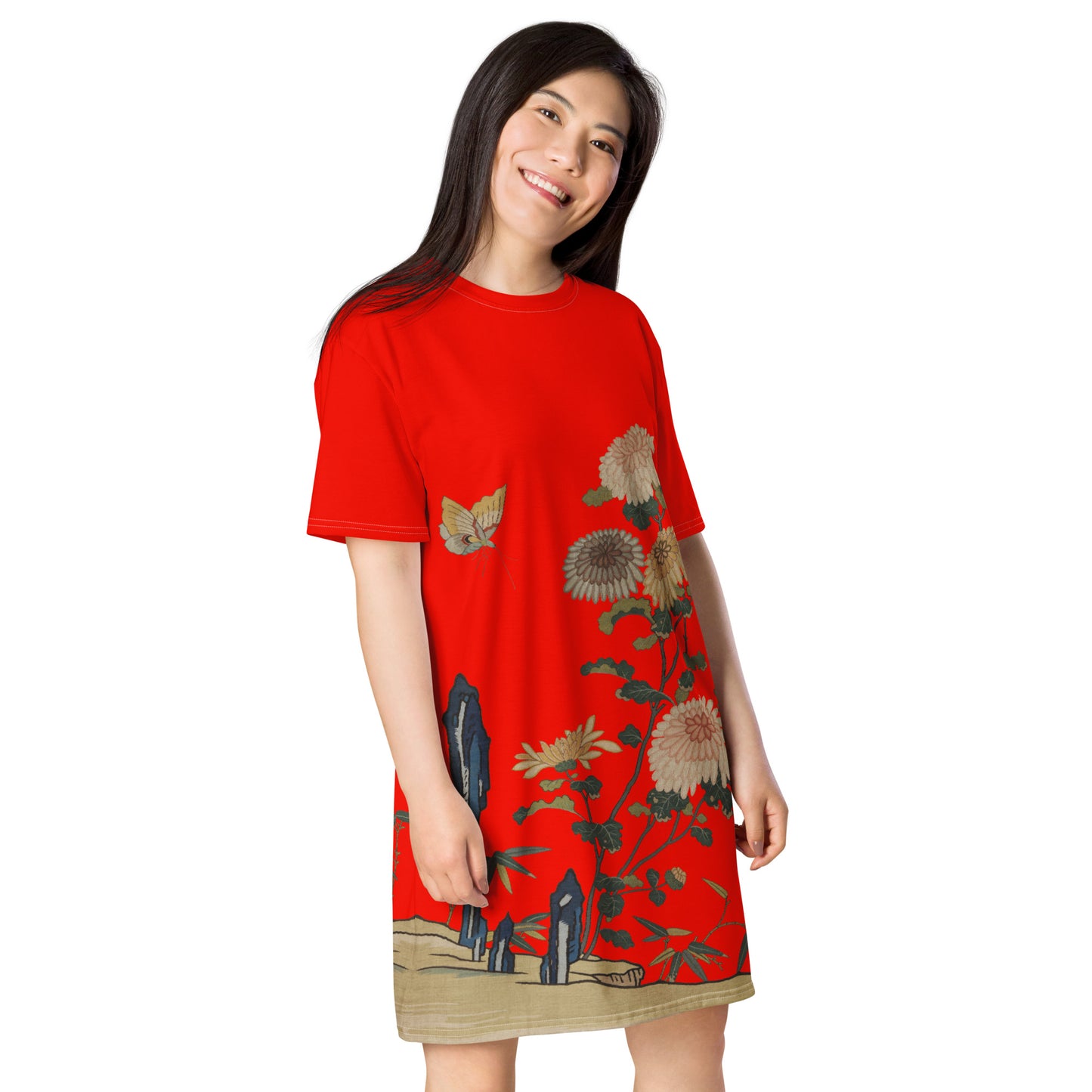 タペストリーの花|菊と蝶|Tシャツドレス|Garnet red
