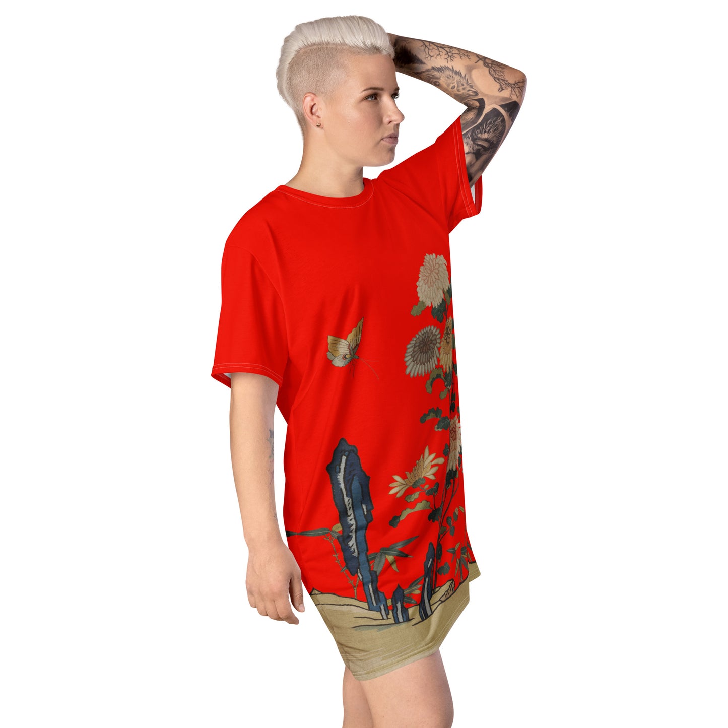 タペストリーの花|菊と蝶|Tシャツドレス|Garnet red